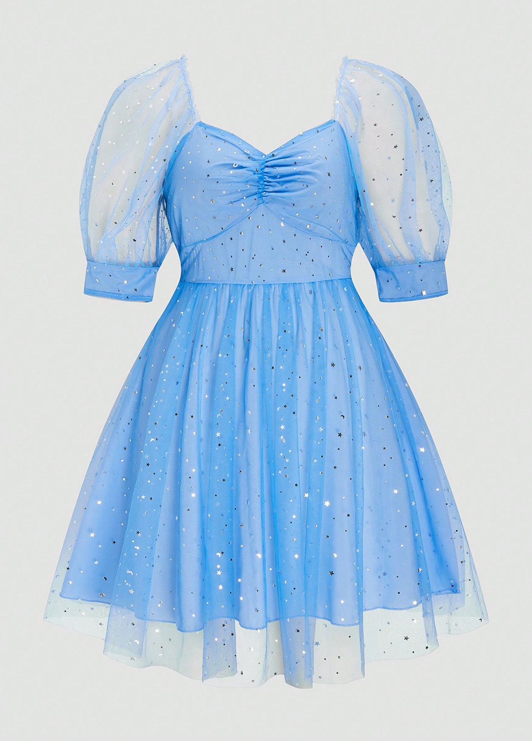 Голубое коктейльное платье бэби долл, с юбкой-солнце SHEIN однотонное