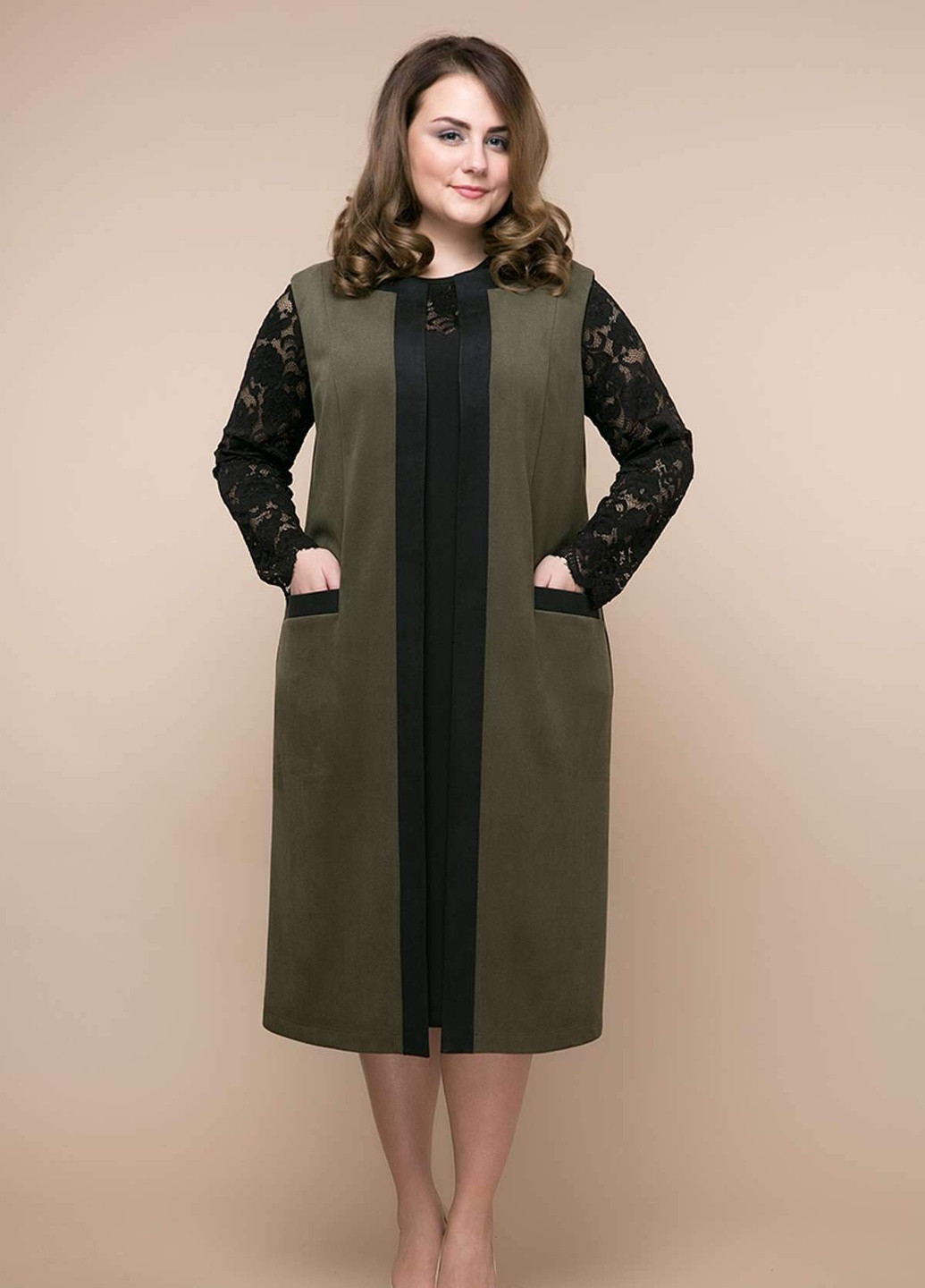Оливковое кэжуал костюм платье+кардиган брукс оливковый Tatiana однотонное
