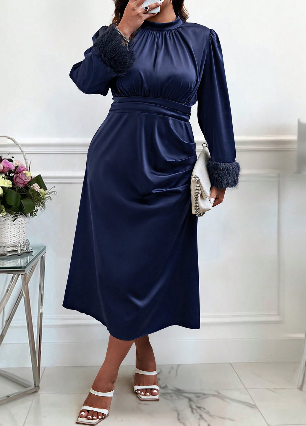 Темно-синя вечірня сукня кльош SHEIN однотонна