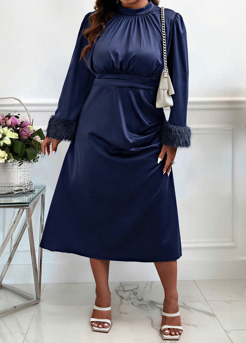 Темно-синя вечірня сукня кльош SHEIN однотонна