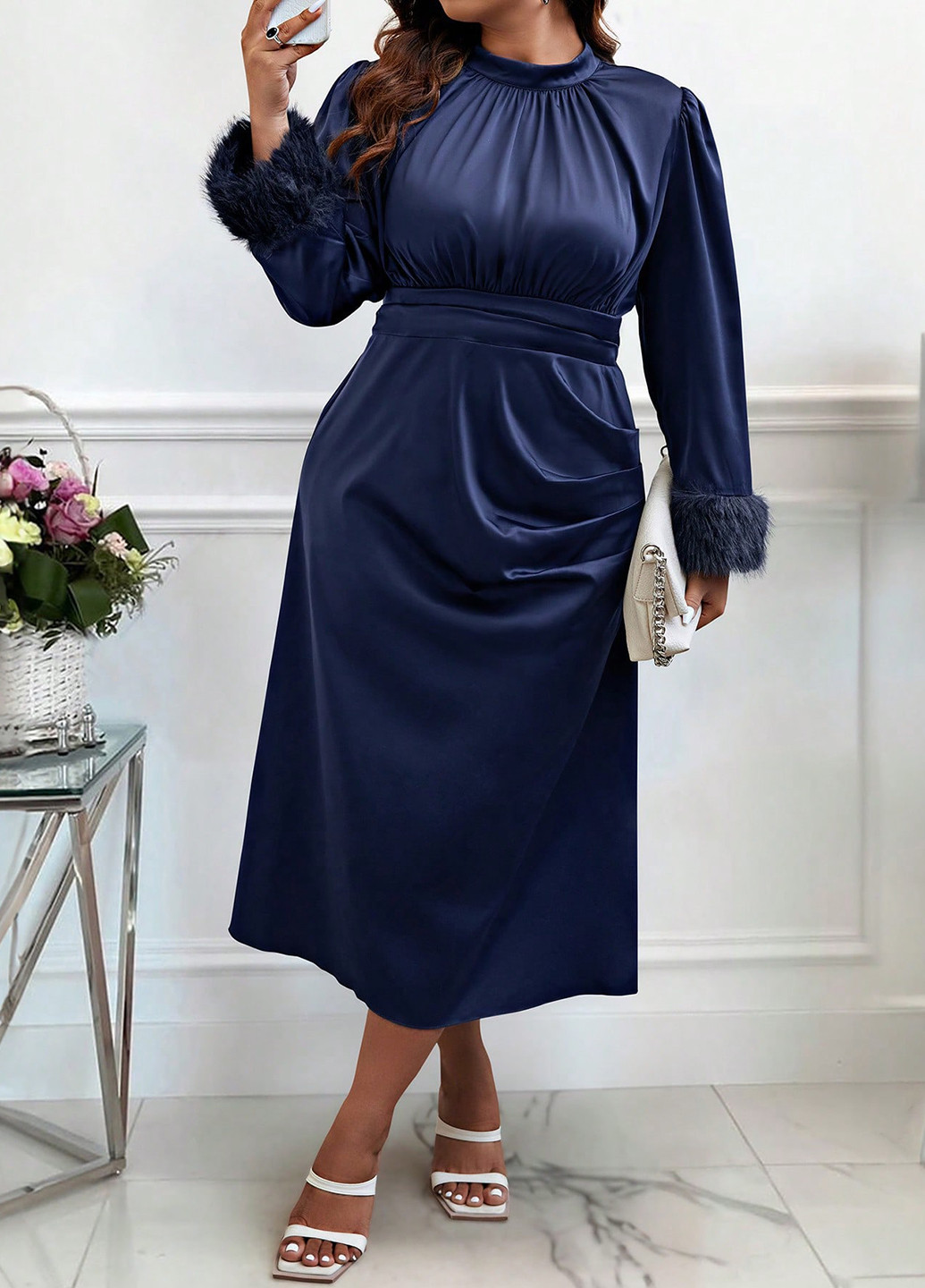 Темно-синя вечірня сукня кльош SHEIN однотонна