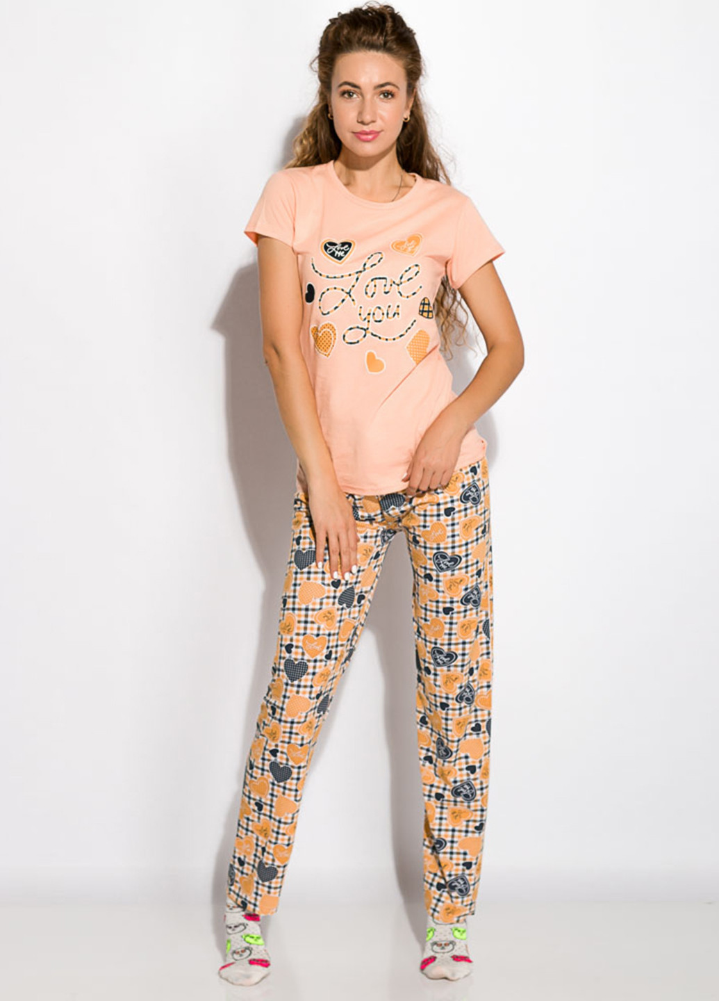 Персиковая всесезон пижама (футболка, брюки) Time of Style