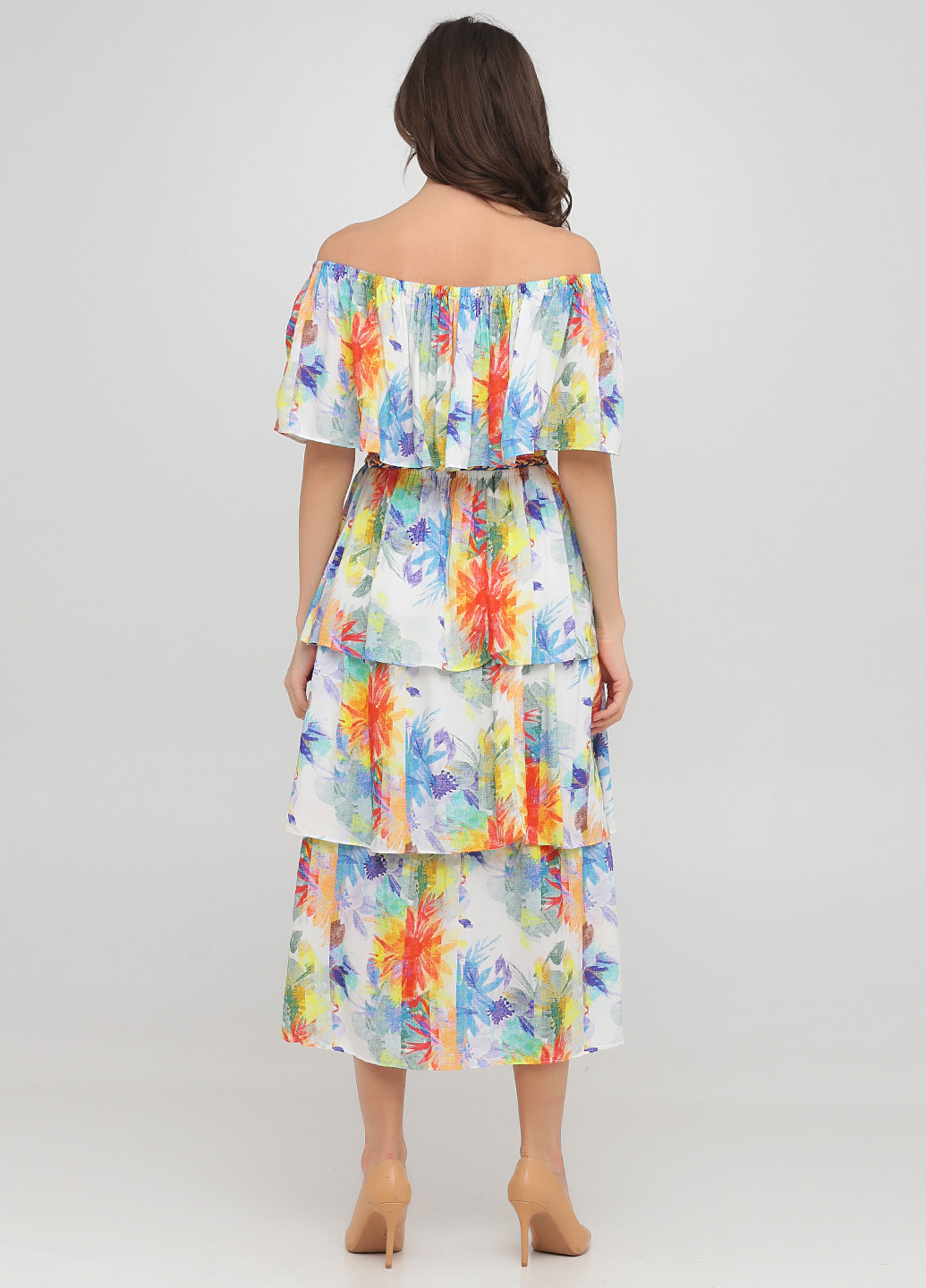 Комбинированное кэжуал платье с открытыми плечами, клеш Roxelan с цветочным принтом