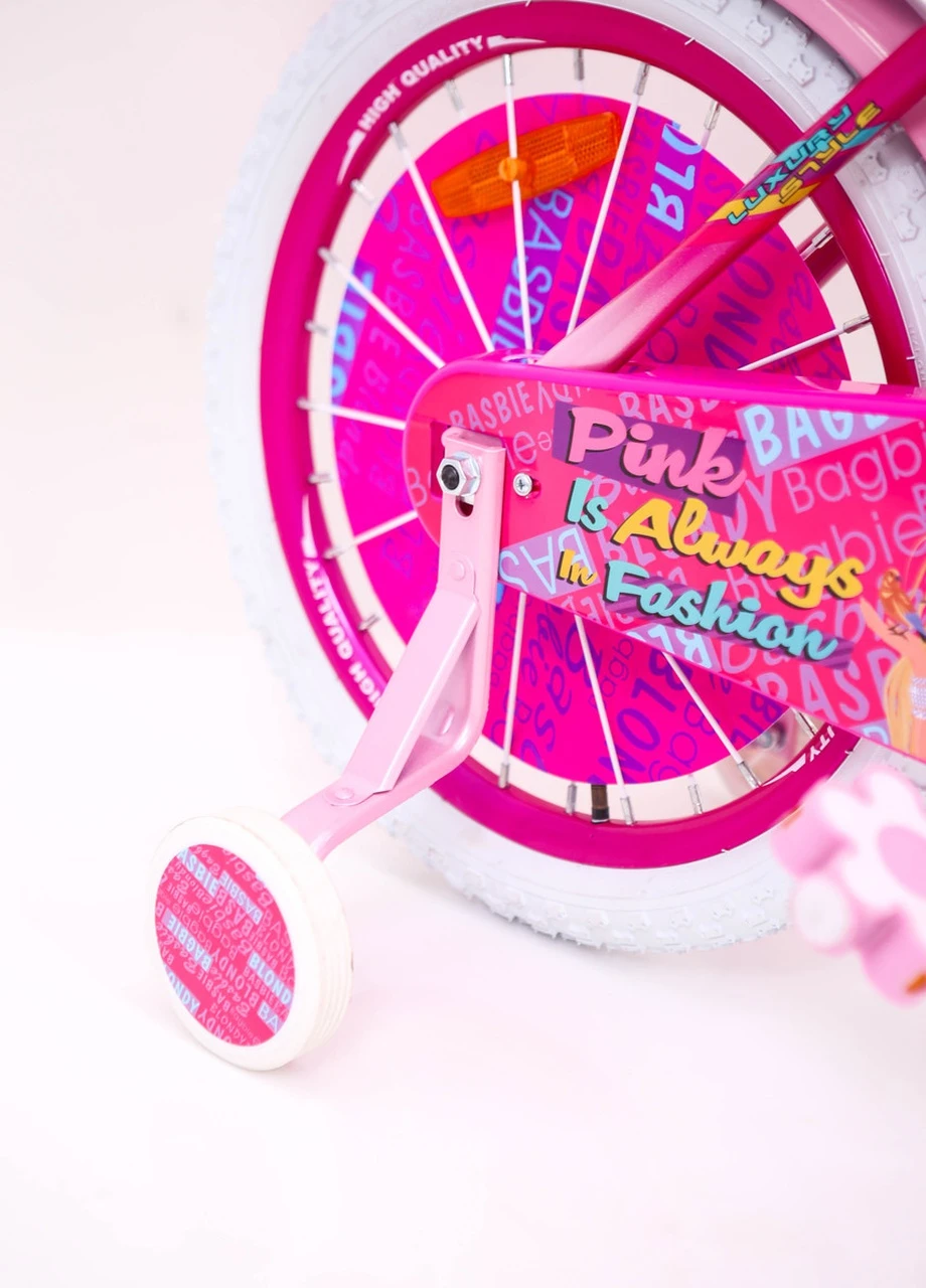Детский розовый велосипед BARBIE 18 дюймов БАРБИ с корзинкой и боковыми колесами от 6 лет Sigma (251788295)