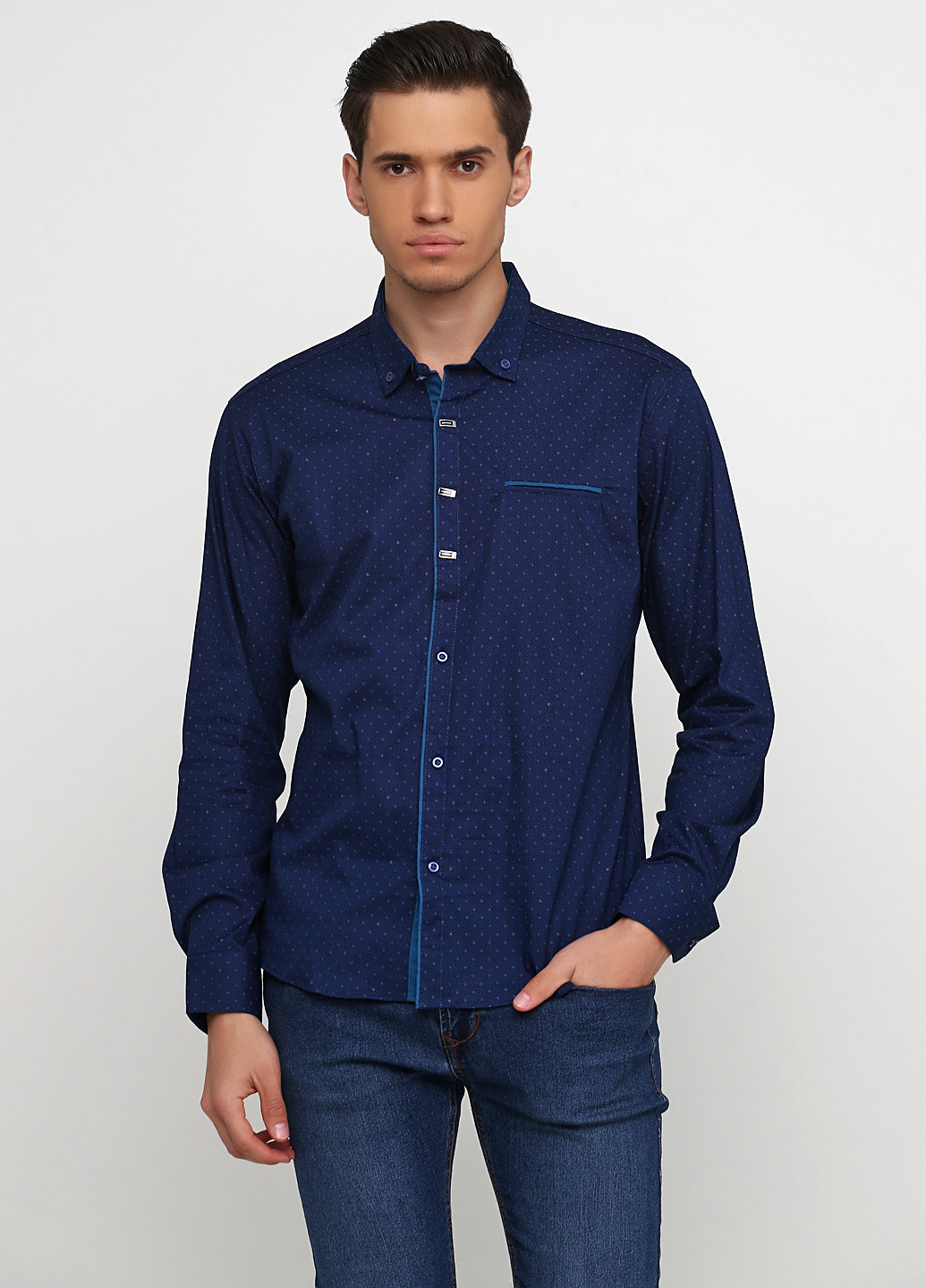 Темно-синяя кэжуал рубашка с геометрическим узором Recobar с длинным рукавом