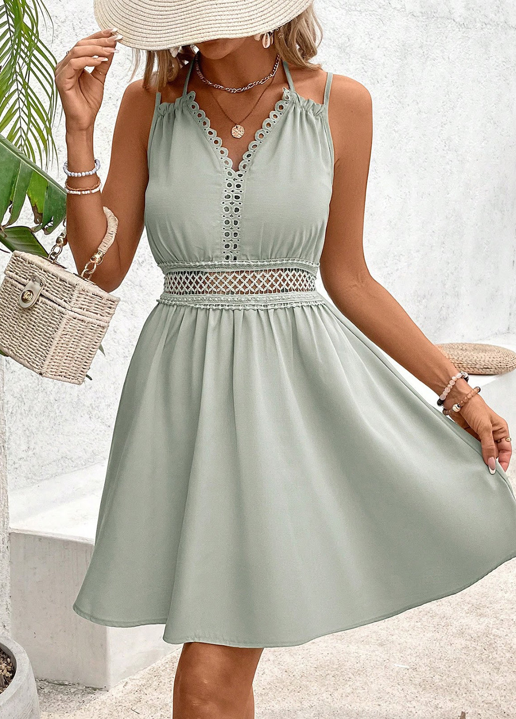 Серо-зеленое кэжуал платье клеш SHEIN однотонное