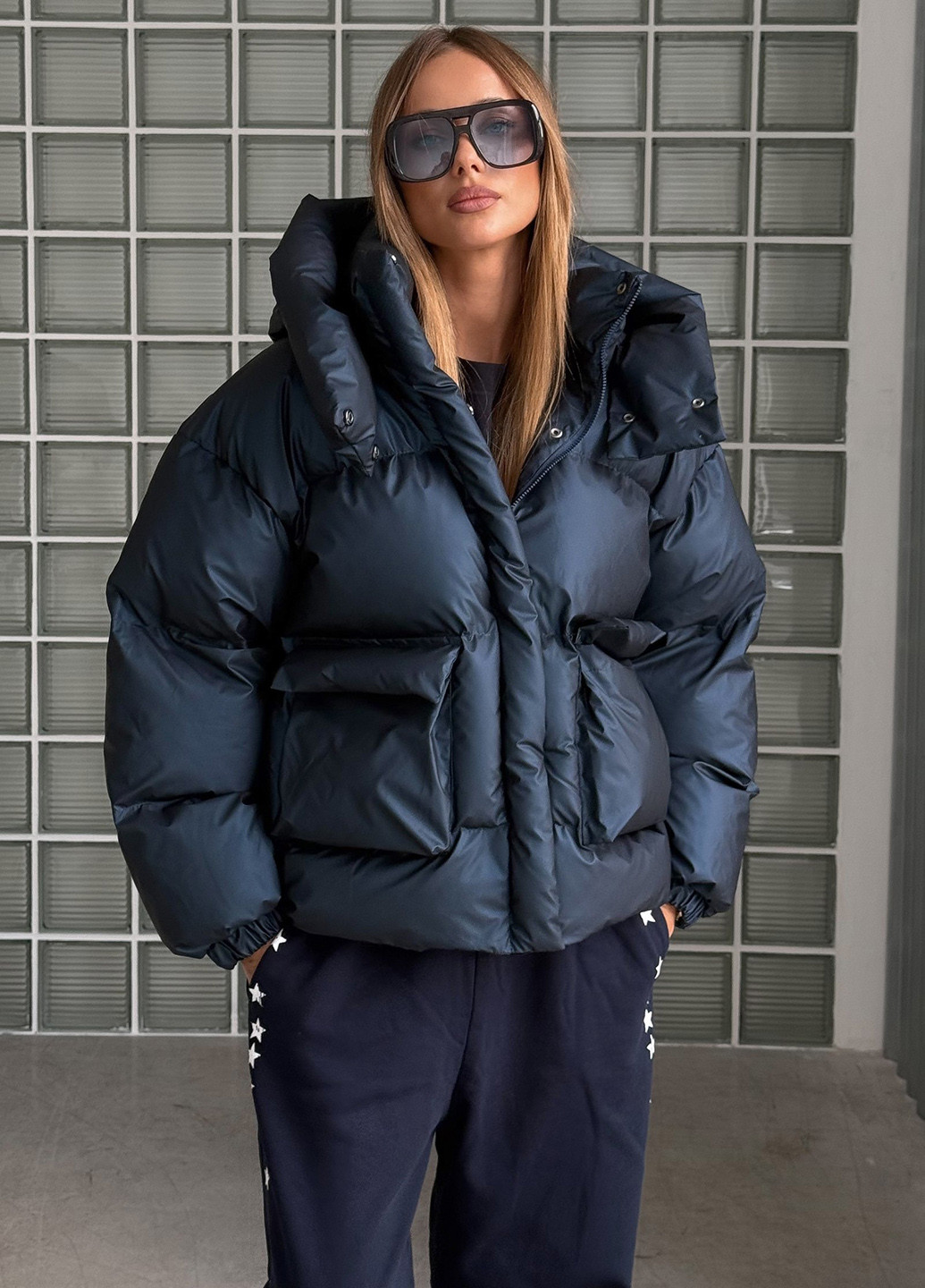 Темно-синий зимний Пуховик No Brand