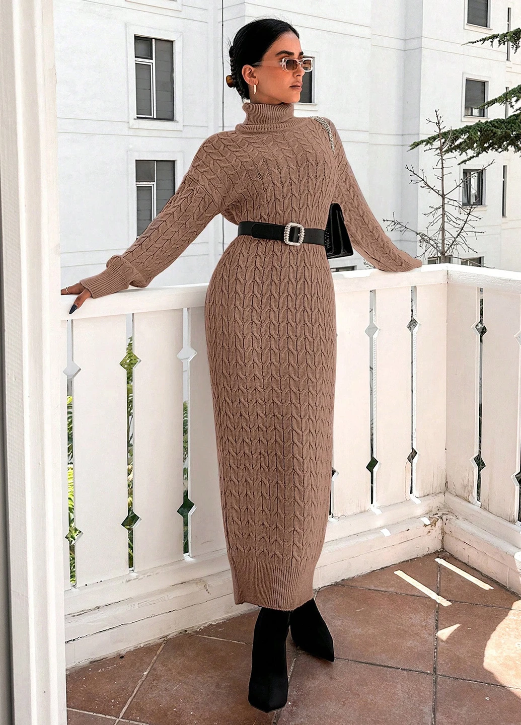 Кофейное кэжуал платье платье-свитер SHEIN однотонное