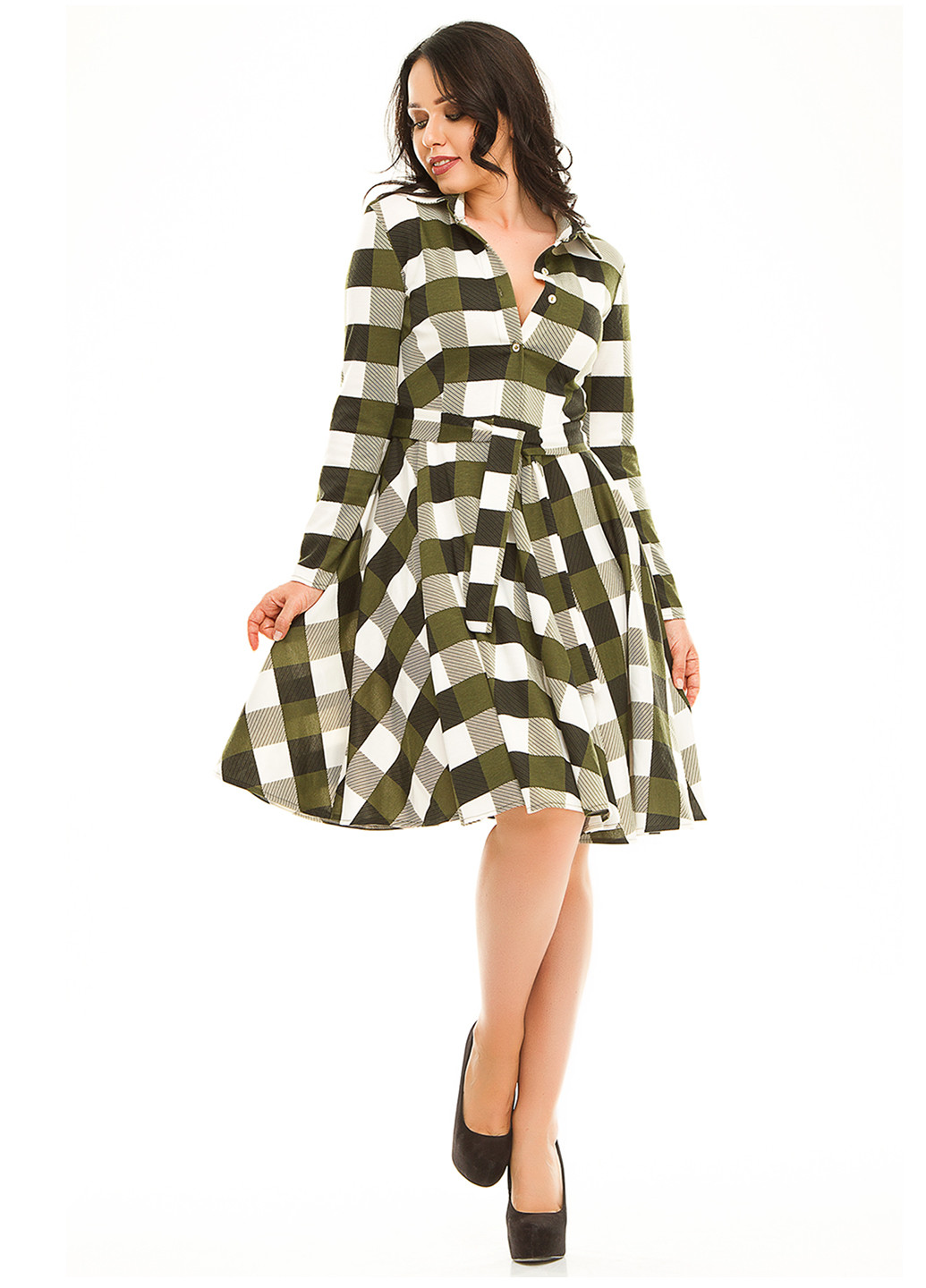 Оливковое (хаки) кэжуал платье рубашка Lady Style в клетку