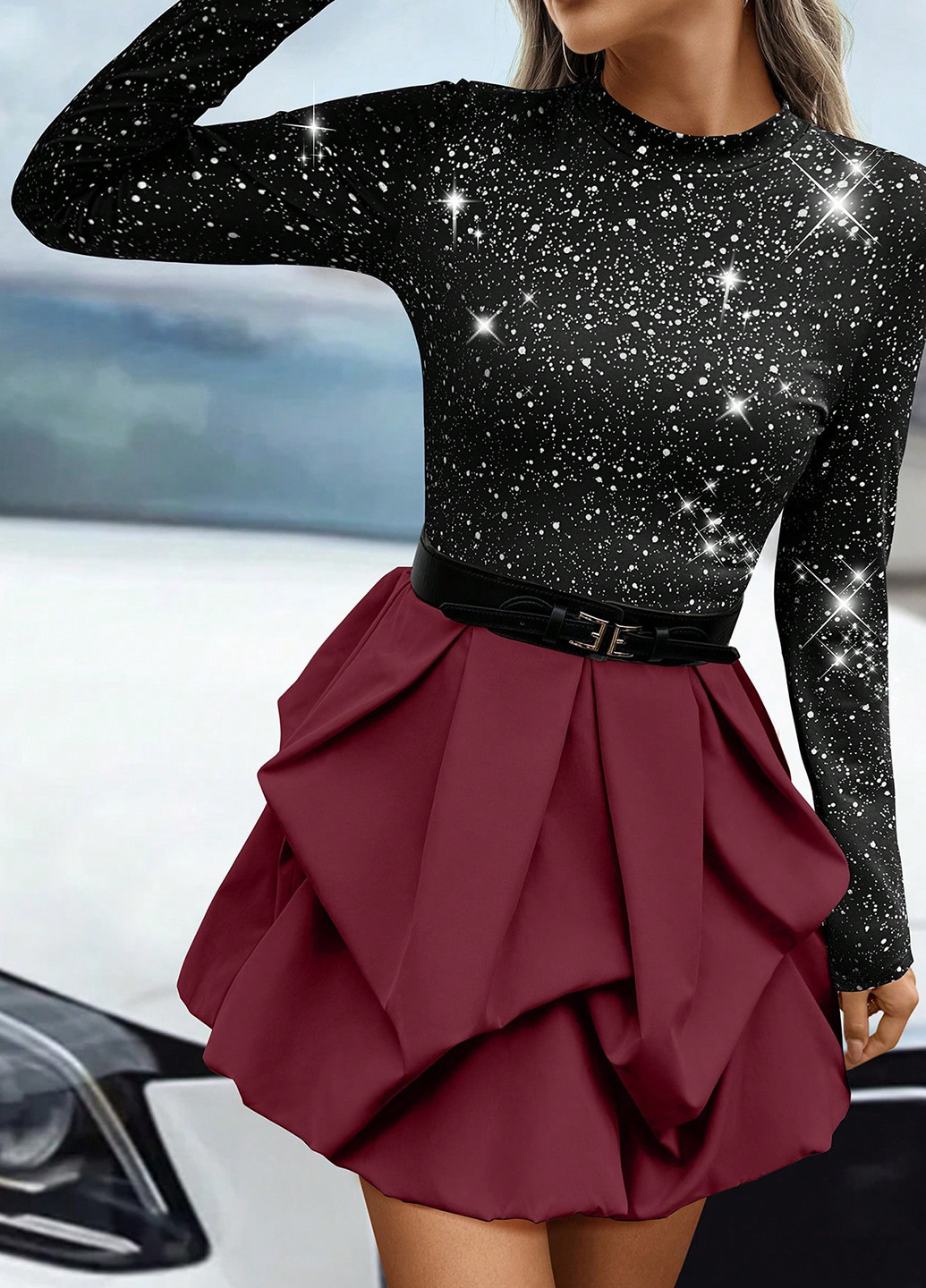 Бордовое вечернее платье SHEIN однотонное