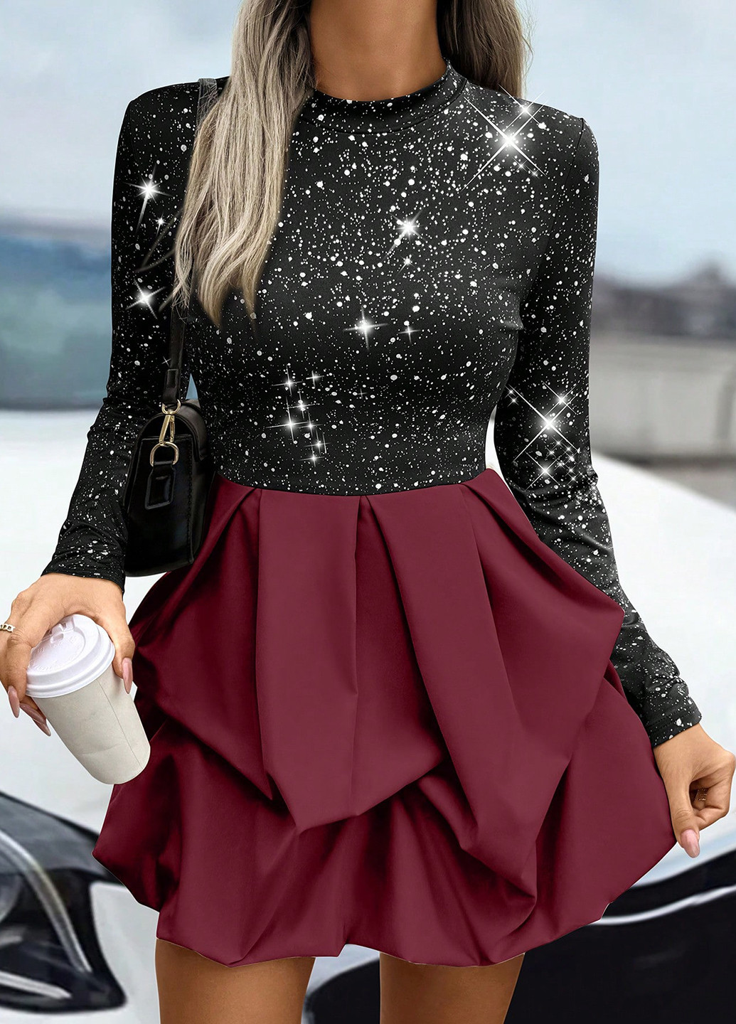 Бордовое вечернее платье SHEIN однотонное