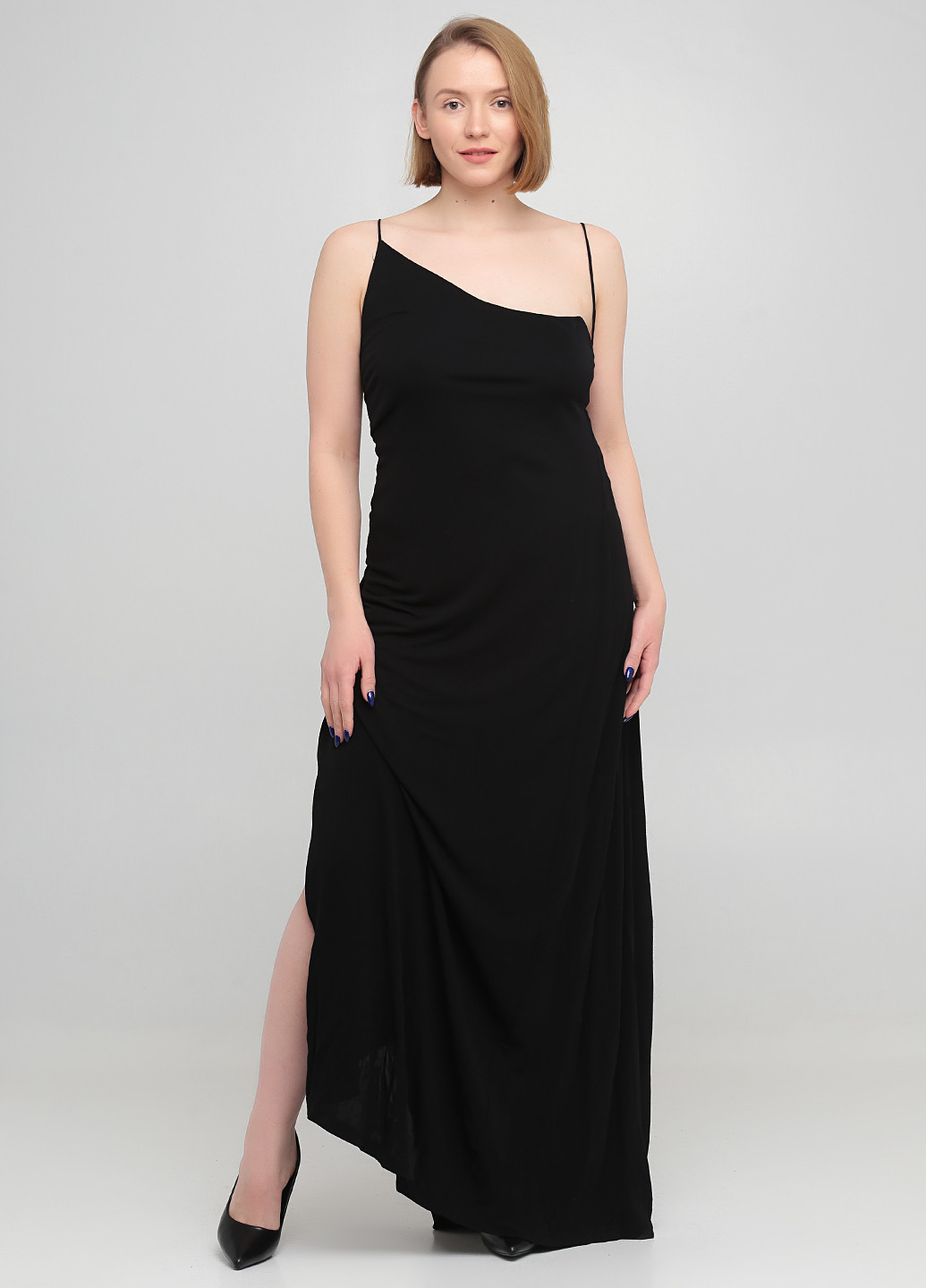Черное вечернее платье на одно плечо Massimo Dutti однотонное