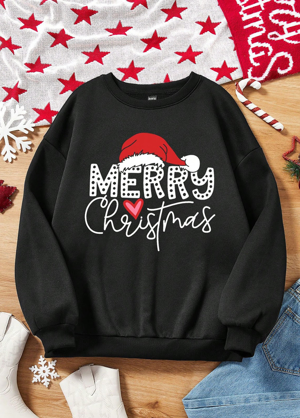 Чорний світшот SHEIN новорічний без декору (327828050)