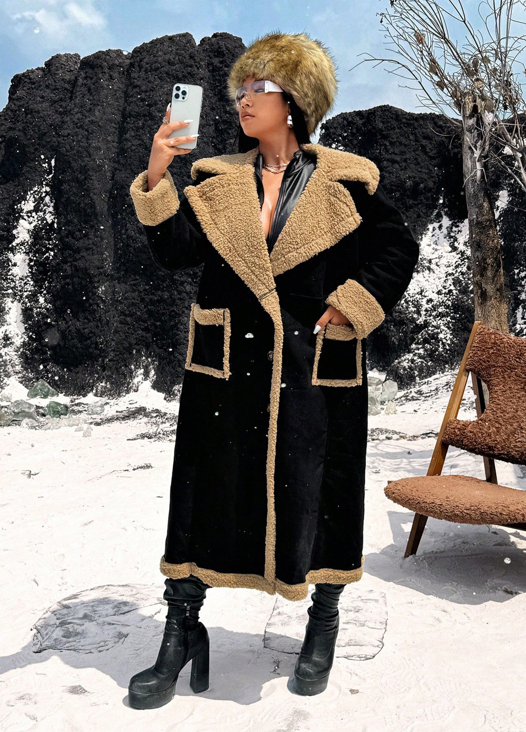 Чорне зимнє Пальто однобортне SHEIN