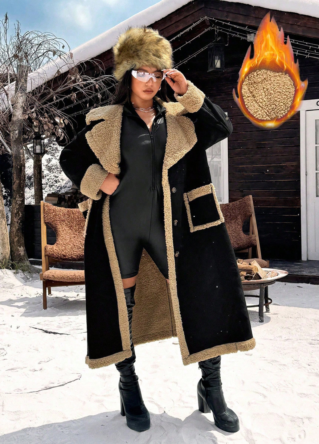 Чорне зимнє Пальто однобортне SHEIN