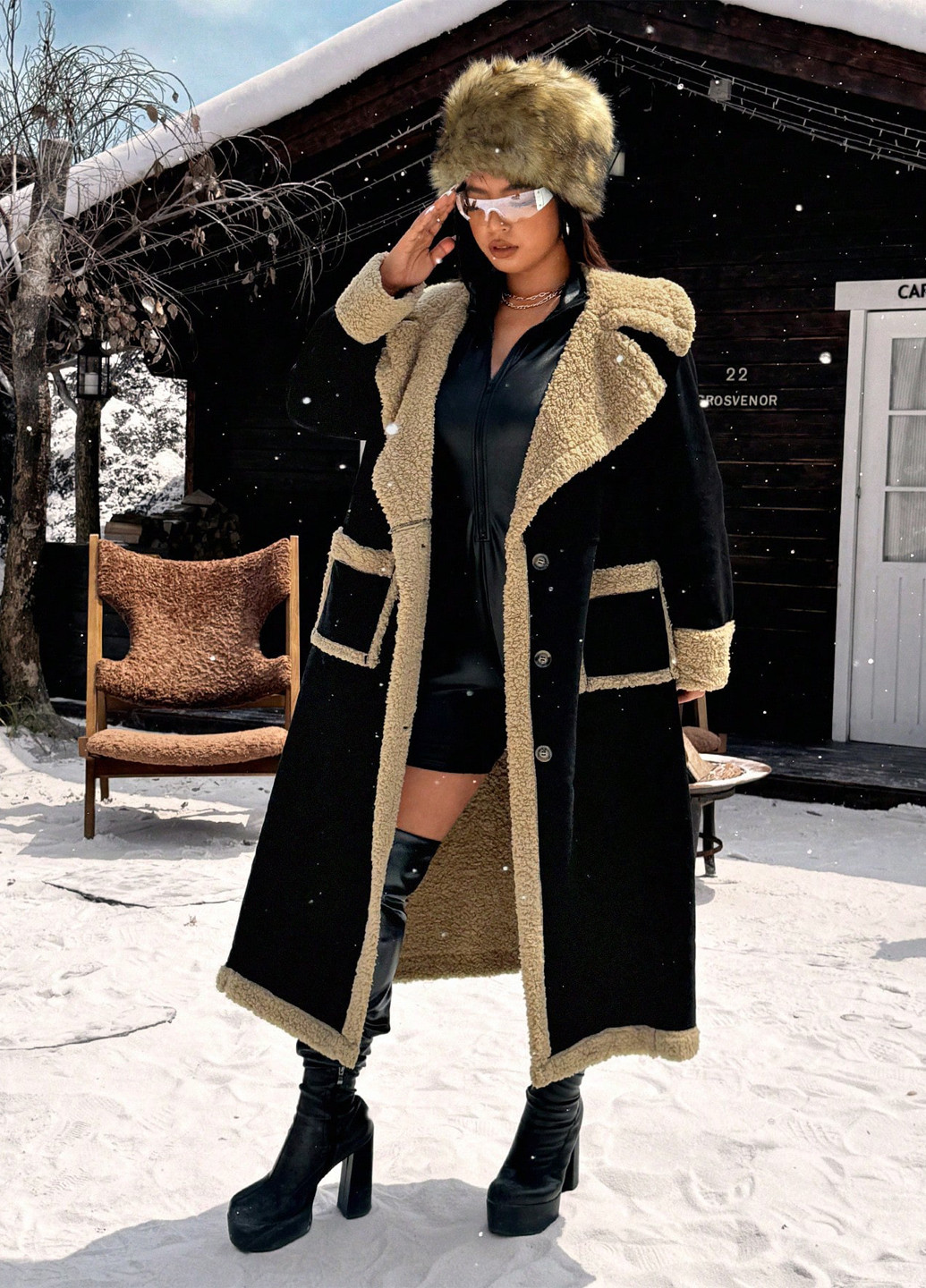 Чорне зимнє Пальто однобортне SHEIN