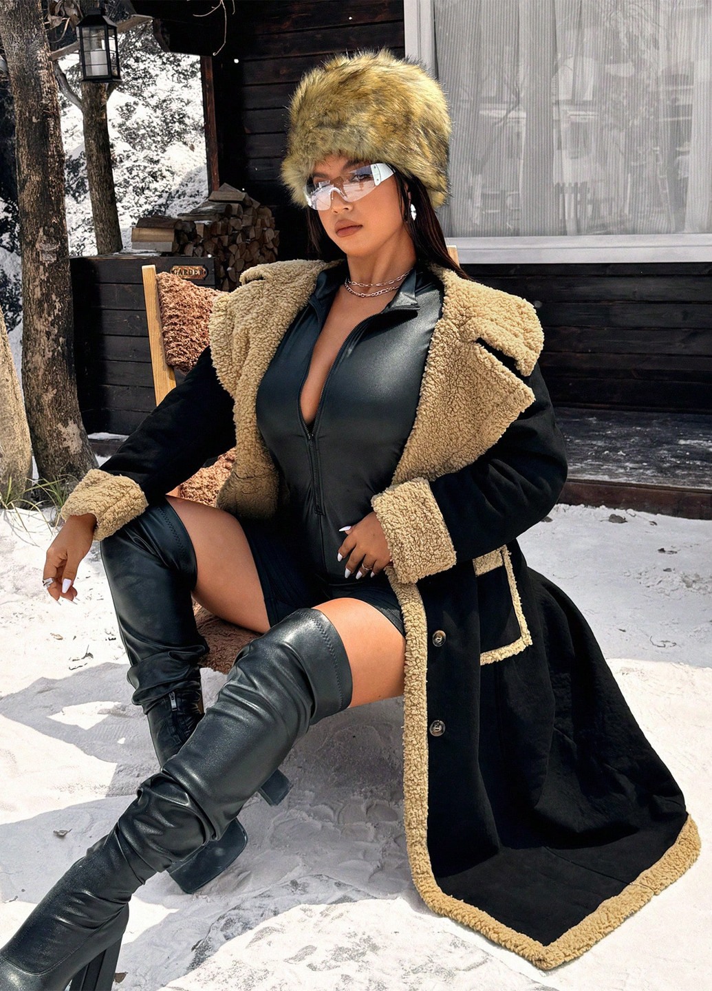 Чорне зимнє Пальто однобортне SHEIN