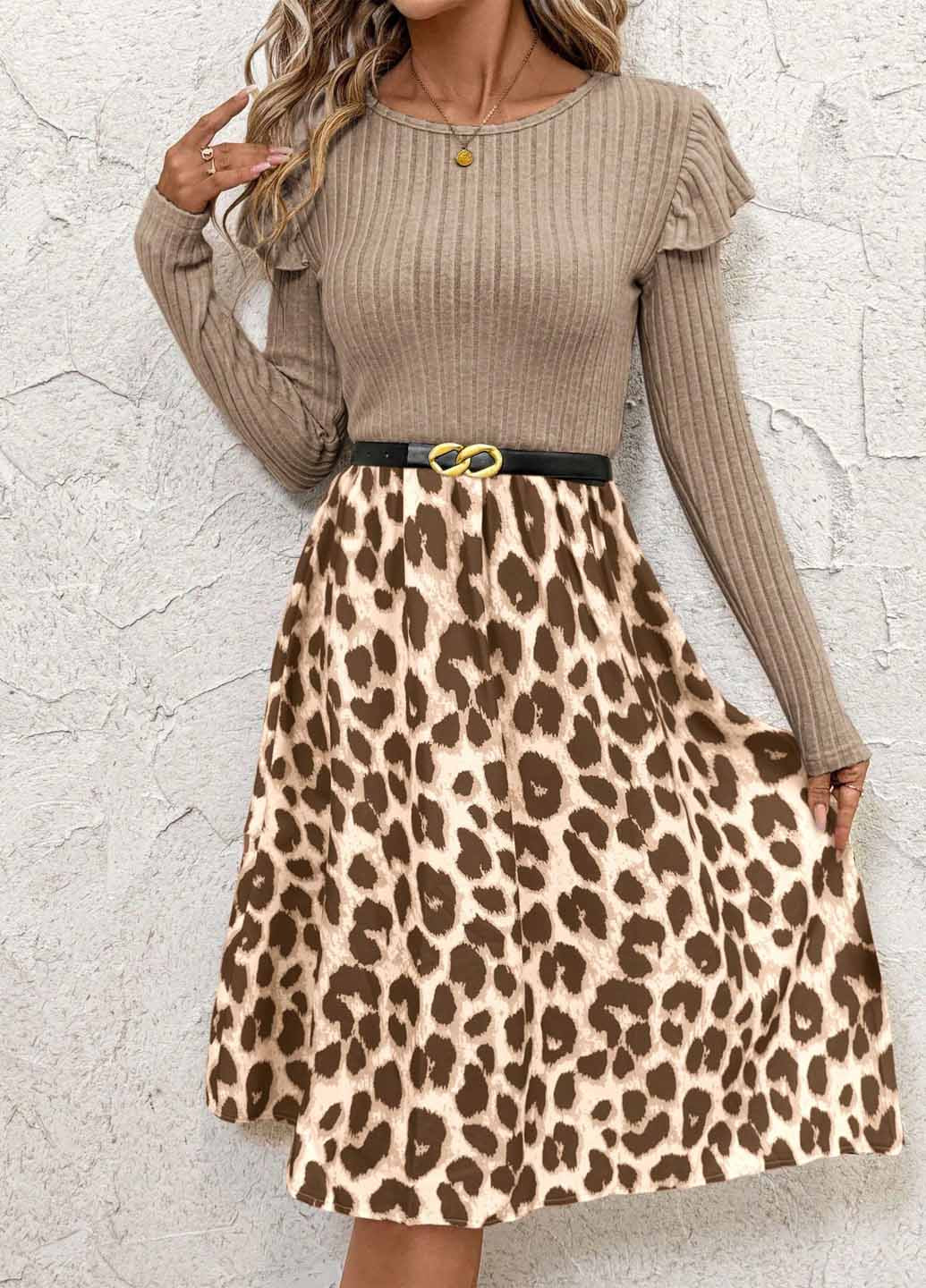 Світло-коричнева кежуал сукня кльош, сукня светр SHEIN леопардовий