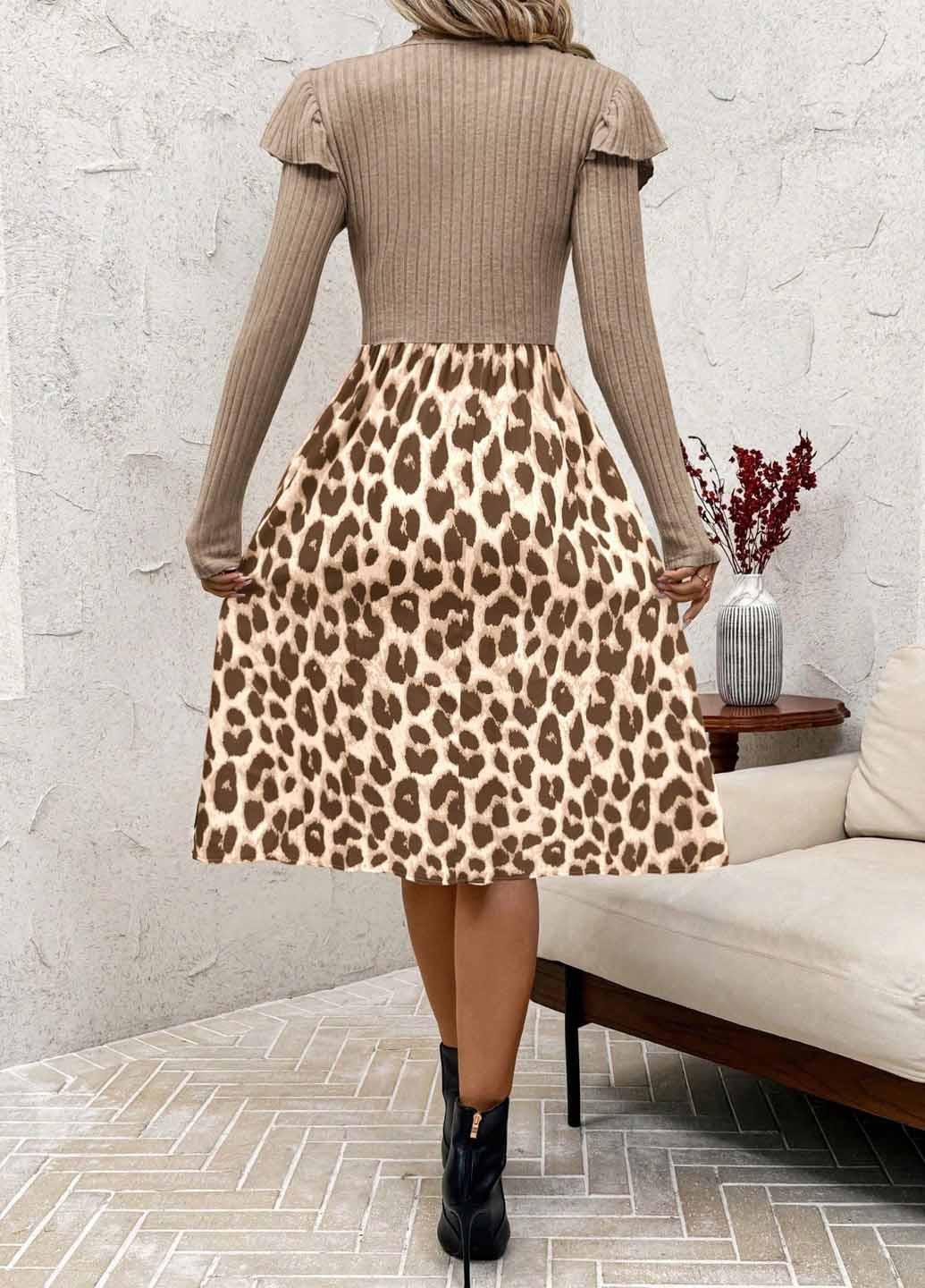 Світло-коричнева кежуал сукня кльош, сукня светр SHEIN леопардовий