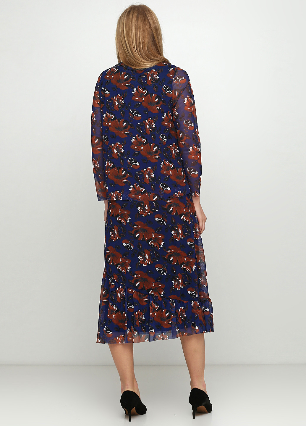 Костюм (блуза, юбка) BRANDTEX CLASSIC юбочный цветочный тёмно-синий кэжуал полиэстер, эластан