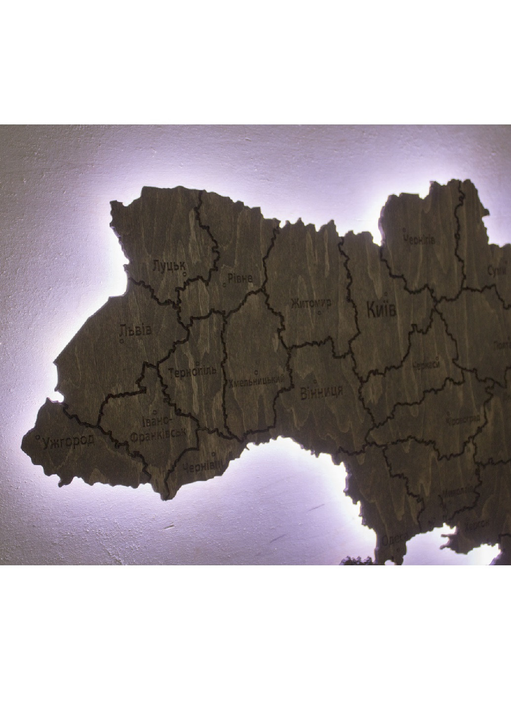 Дерев'яна карта України на стіну з міст ручної роботи з підсвіткою 1000х650х10 мм (11321-Нов) Francesco Marconi (250351208)