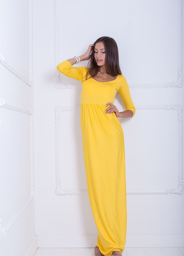 Желтое кэжуал яркое летнее платье-макси с рукавом три четверти delise Podium однотонное