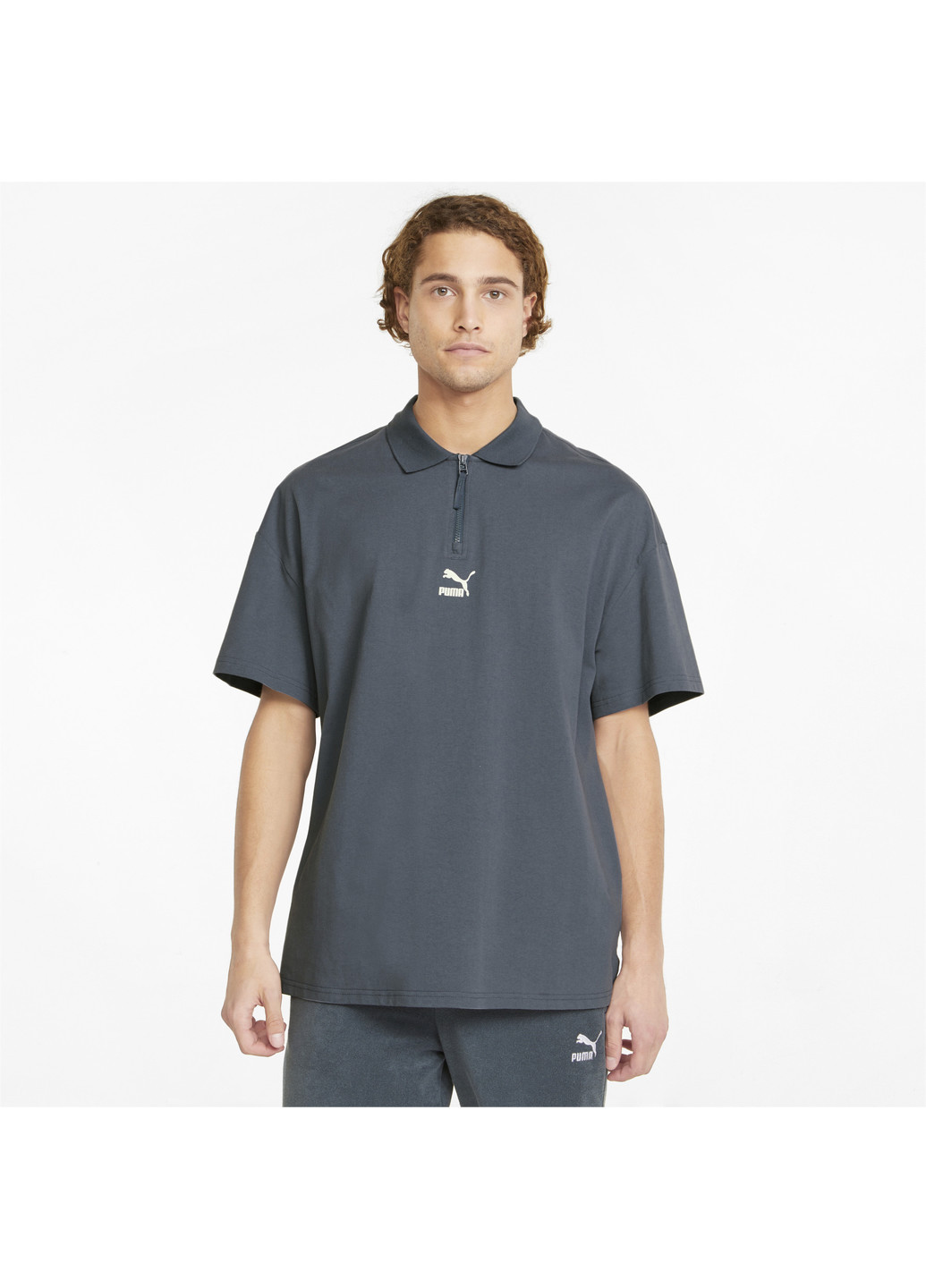 Серая футболка-поло classics boxy zip men's polo shirt для мужчин Puma однотонная