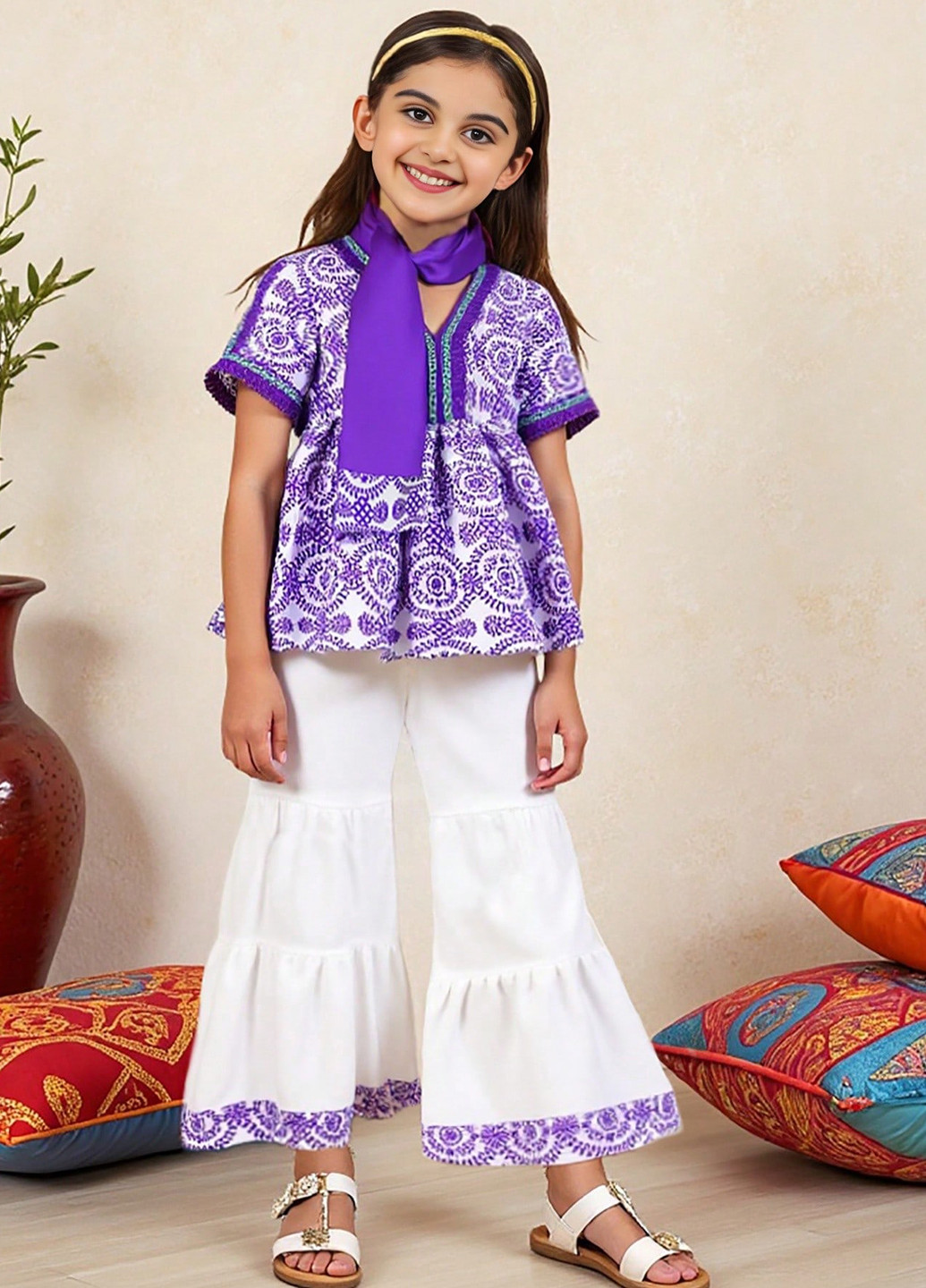 Комбинированный летний костюм (блуза, брюки, шарф) SHEIN