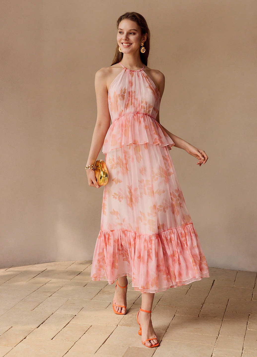 Світло-рожева святковий, кежуал сукня кльош SHEIN з квітковим принтом