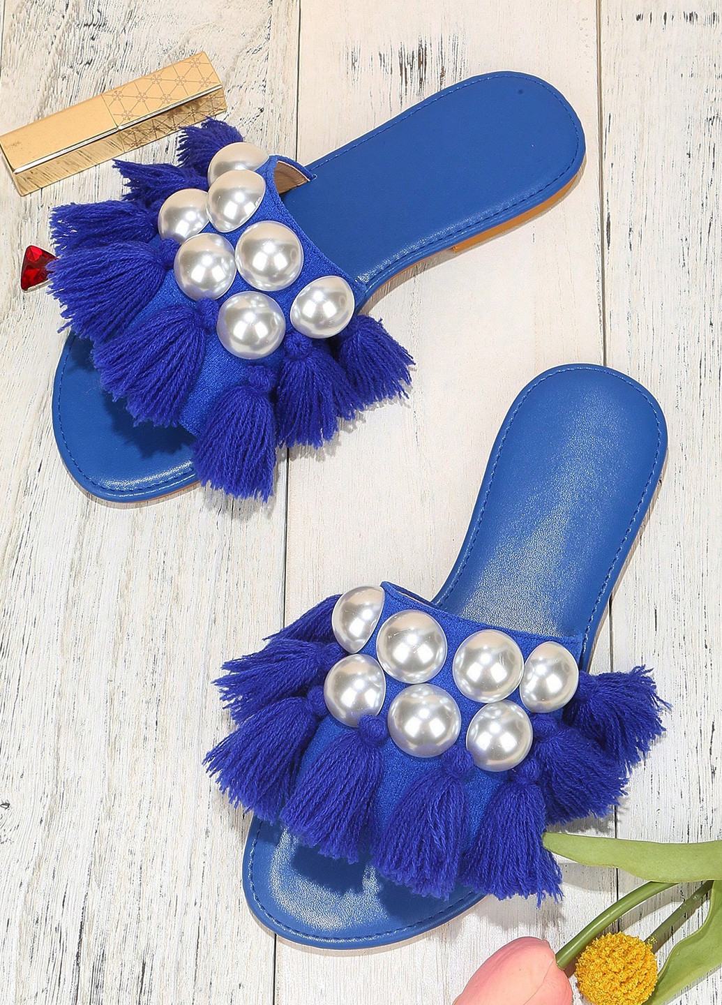 Синие шлепанцы SHEIN с бусинами, с кисточками