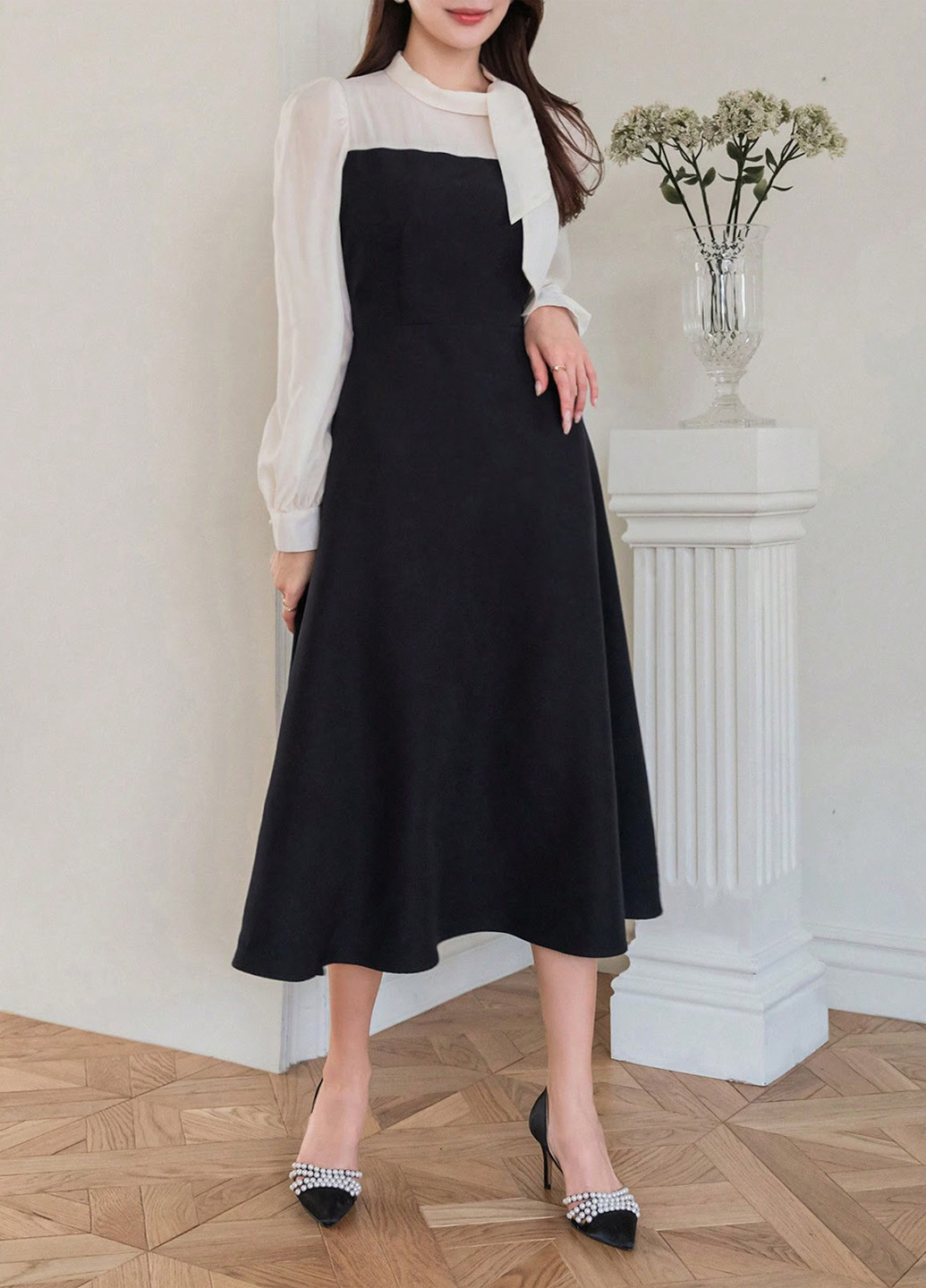 Черно-белое кэжуал платье а-силуэт SHEIN однотонное