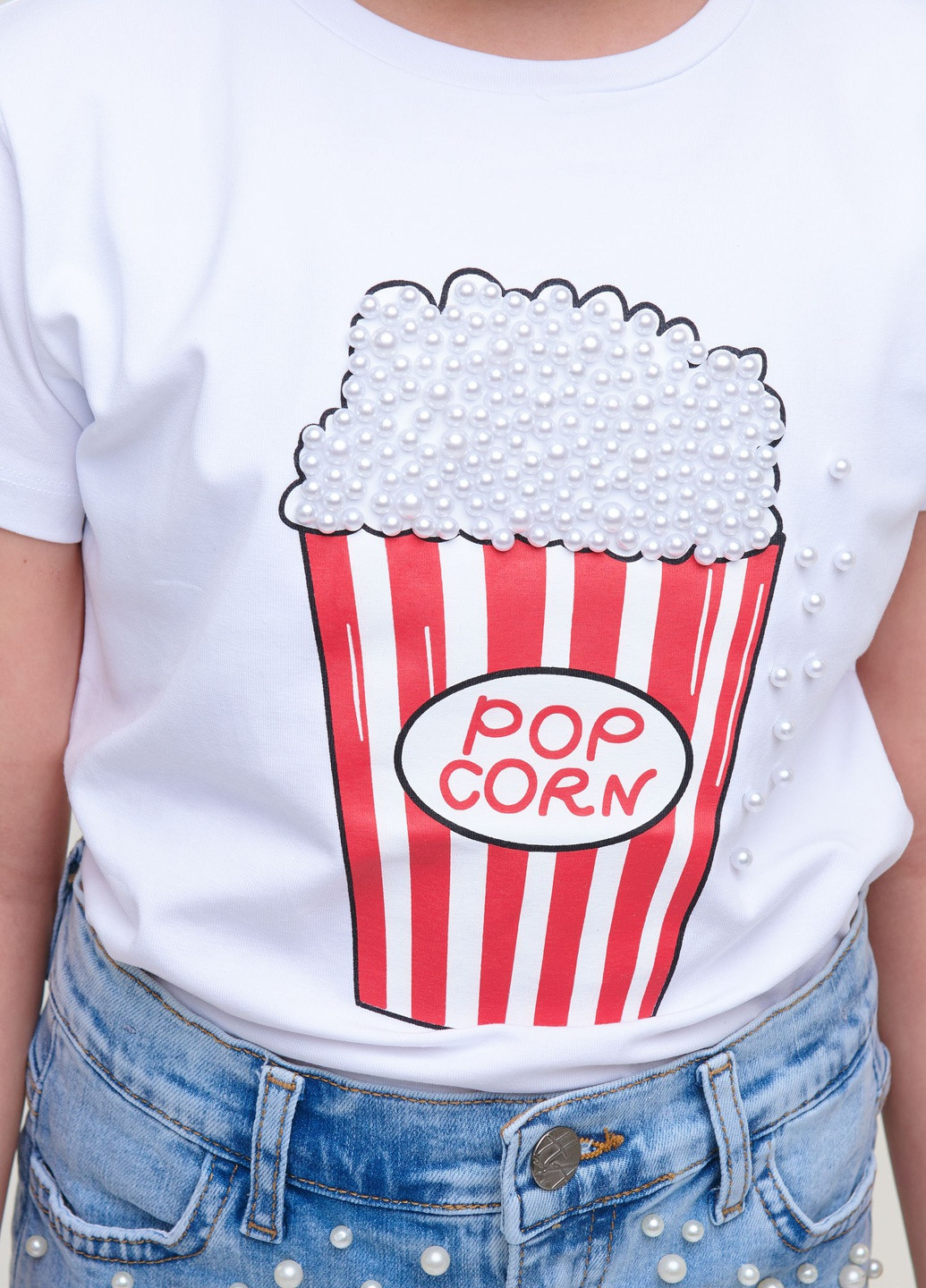 Білий літній комплект джинсова спідниця та біла футболка popcorn Yumster
