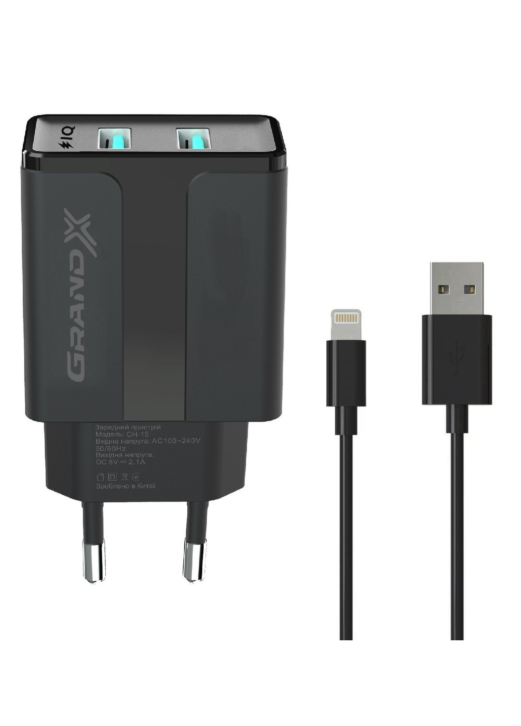 Зарядний пристрій CH15LTB 2USB 5V 2,4A Black з захистом від перенавантажень + cable USB-Lightning Grand-X (253878110)