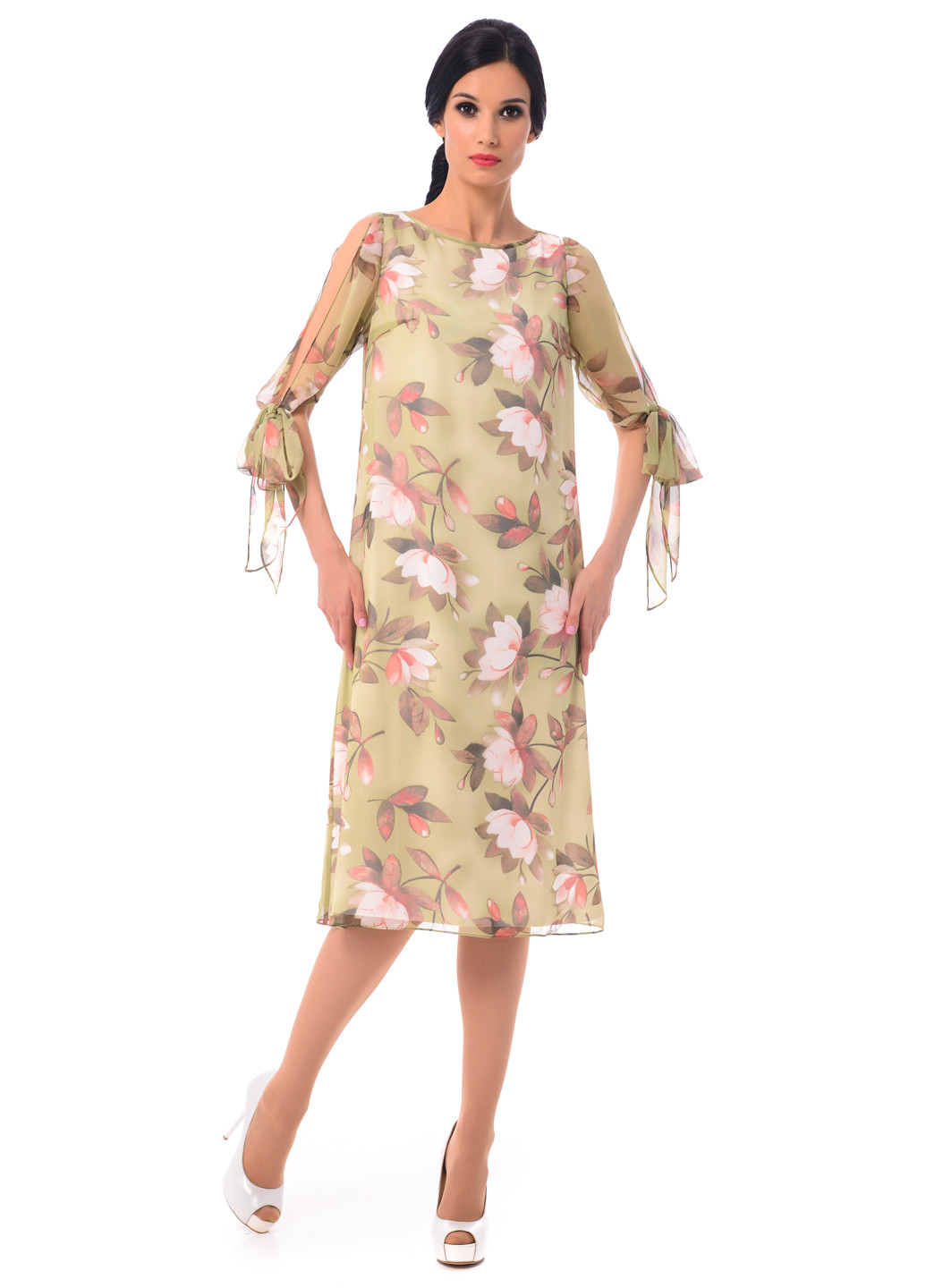 Оливкова коктейльна сукня міді Iren Klairie з квітковим принтом