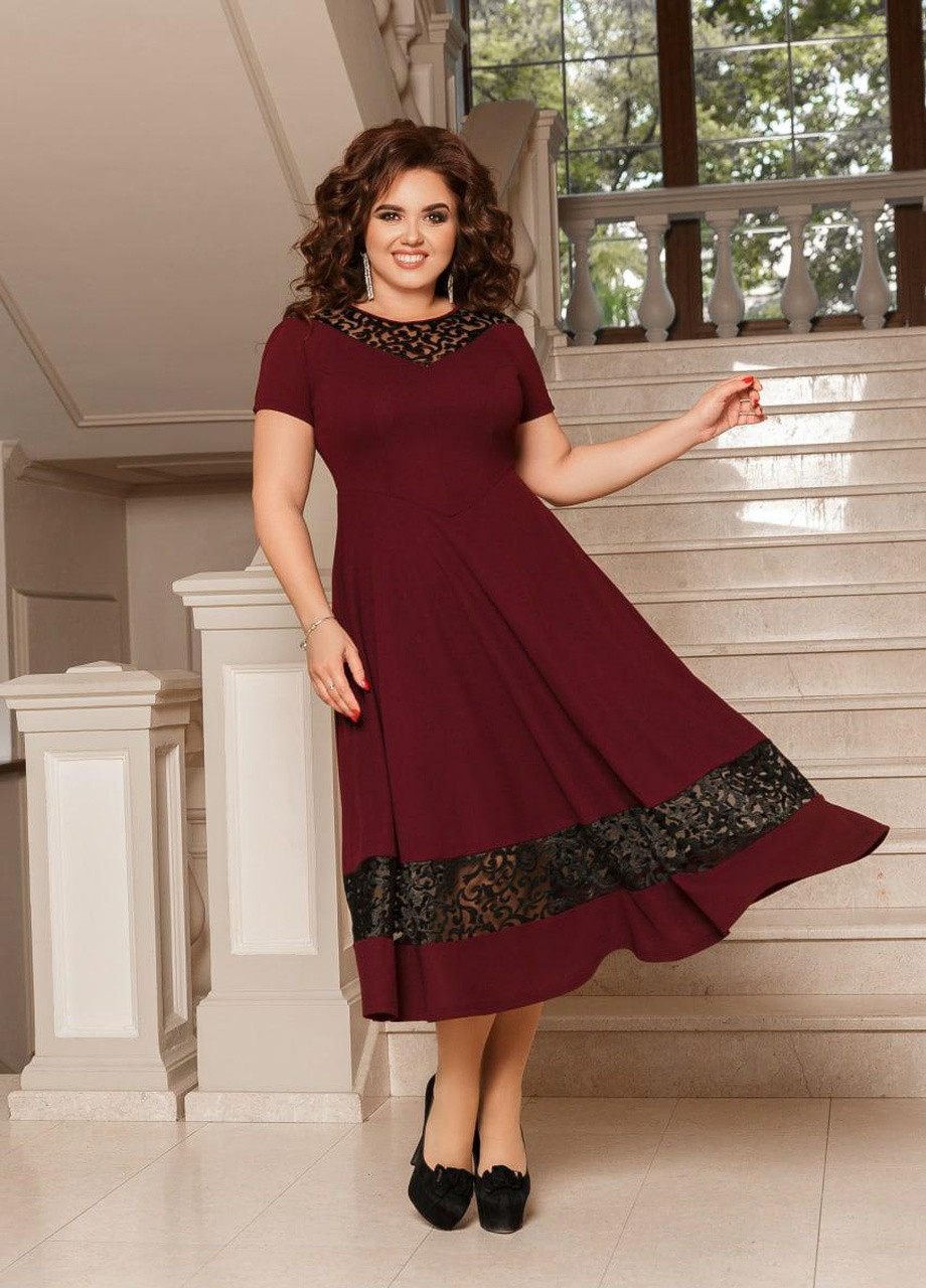 Темно-бордовое женское нарядное платье с кружевами цвет марсала 374382 New Trend