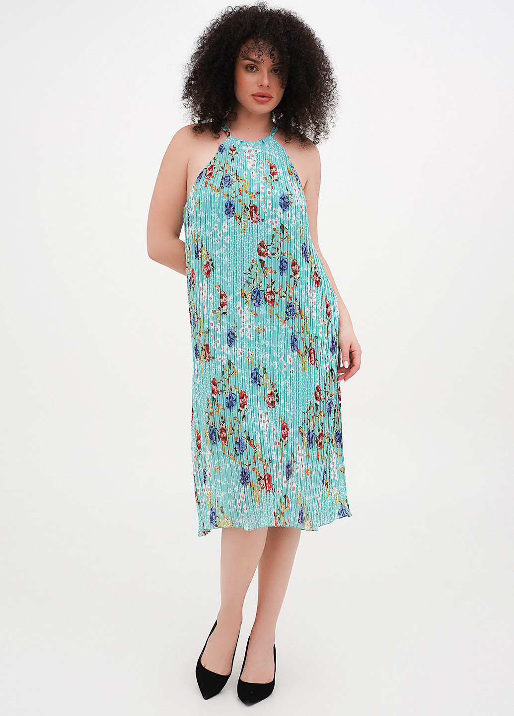 Бирюзовое кэжуал платье плиссированное Vicolo с цветочным принтом