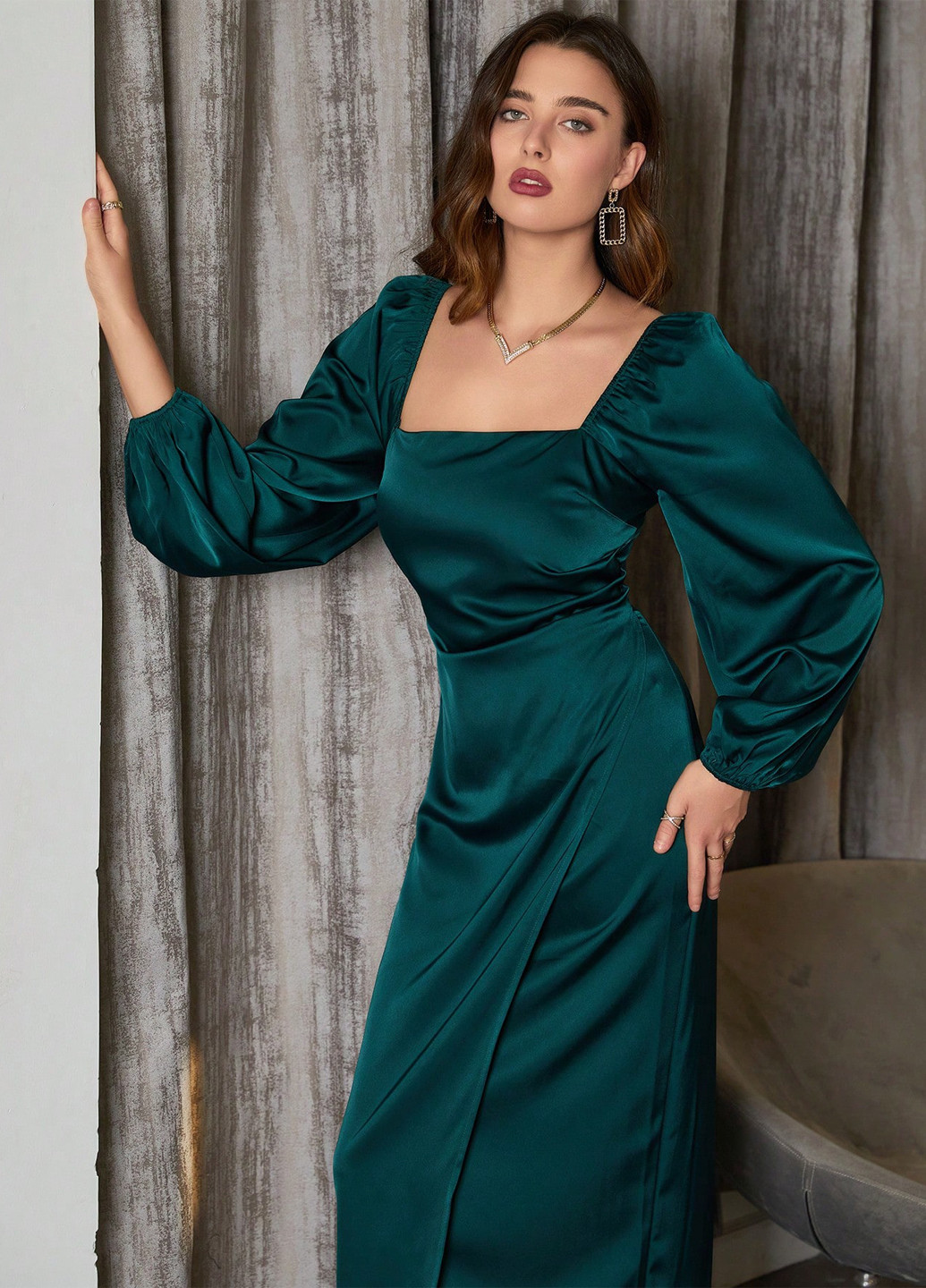 Изумрудное кэжуал, вечернее платье SHEIN однотонное