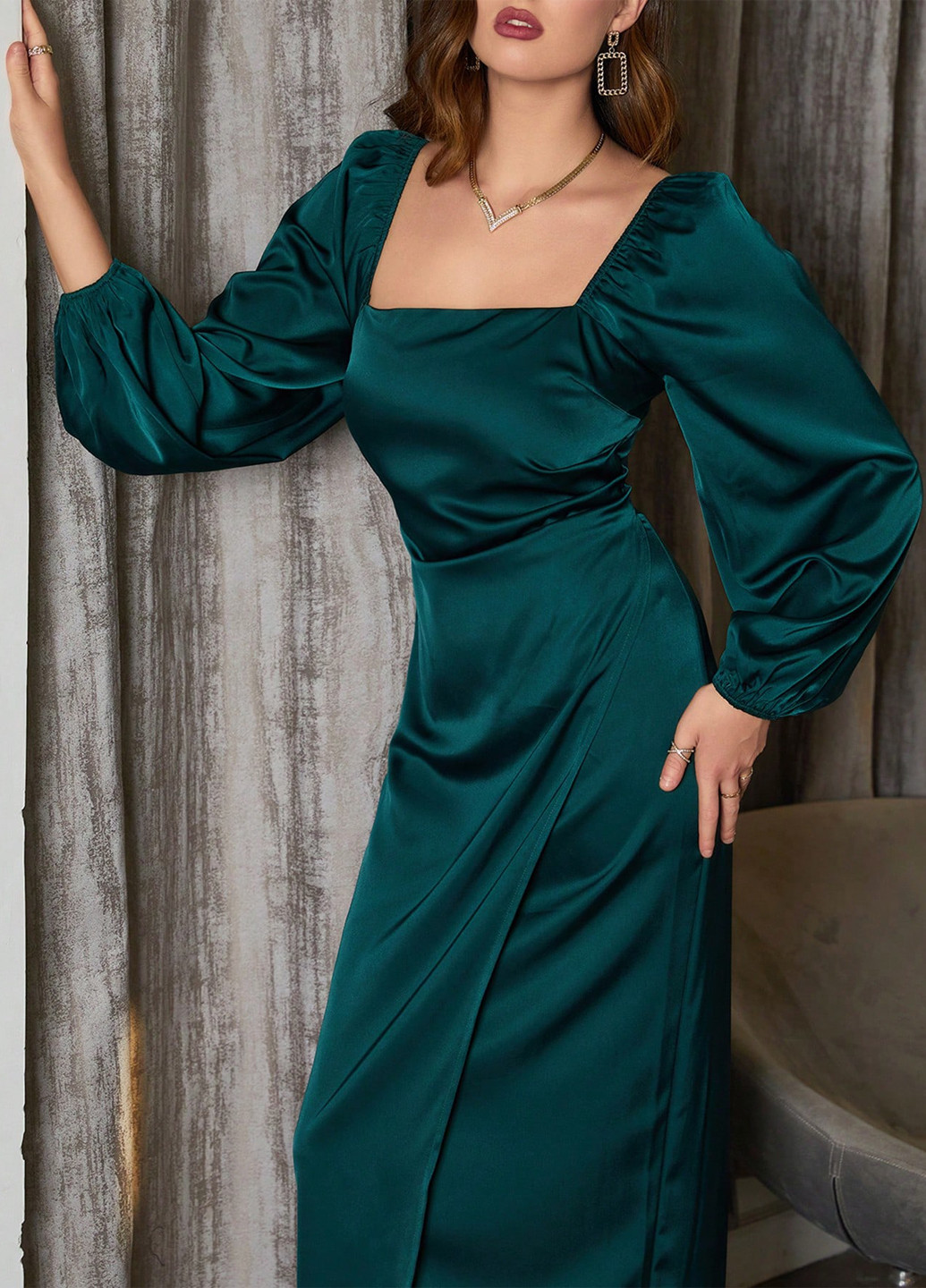 Изумрудное кэжуал, вечернее платье SHEIN однотонное