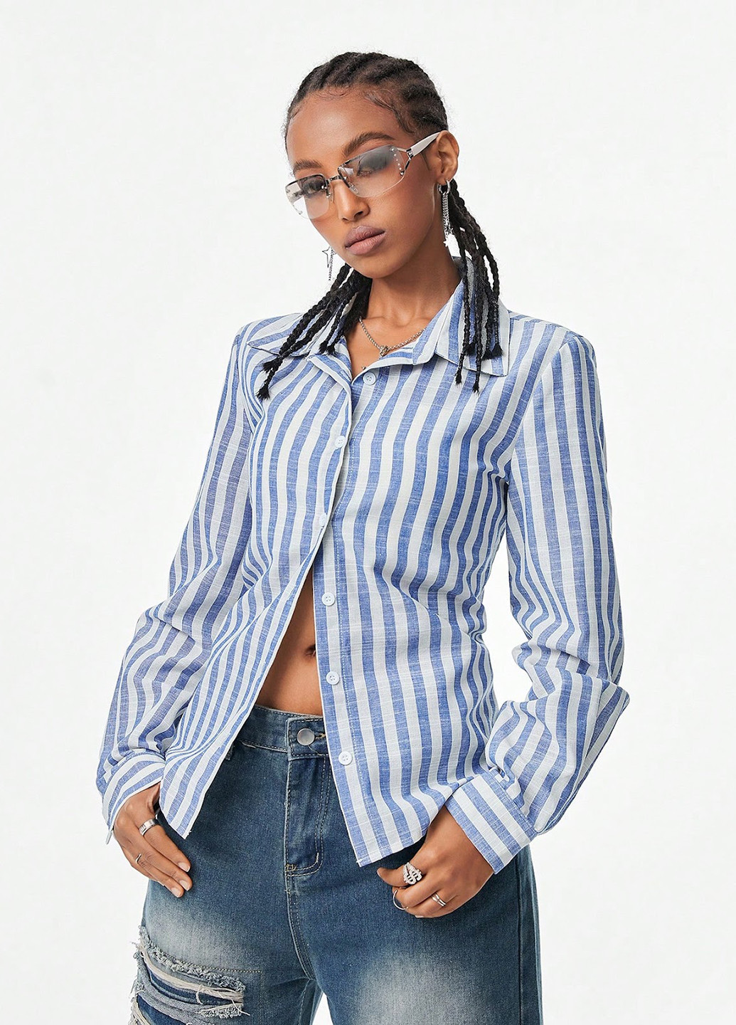 Синяя кэжуал рубашка в полоску SHEIN