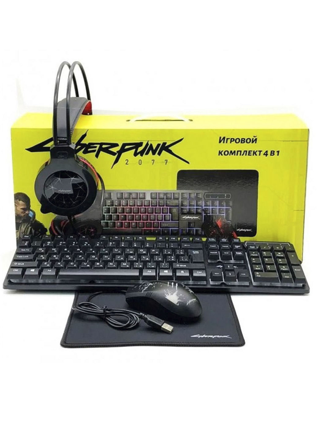 Игровой комплект 4 в 1 Cyberpunk CP-009 (клавиатура + мышка + наушники + коврик) XO чёрная