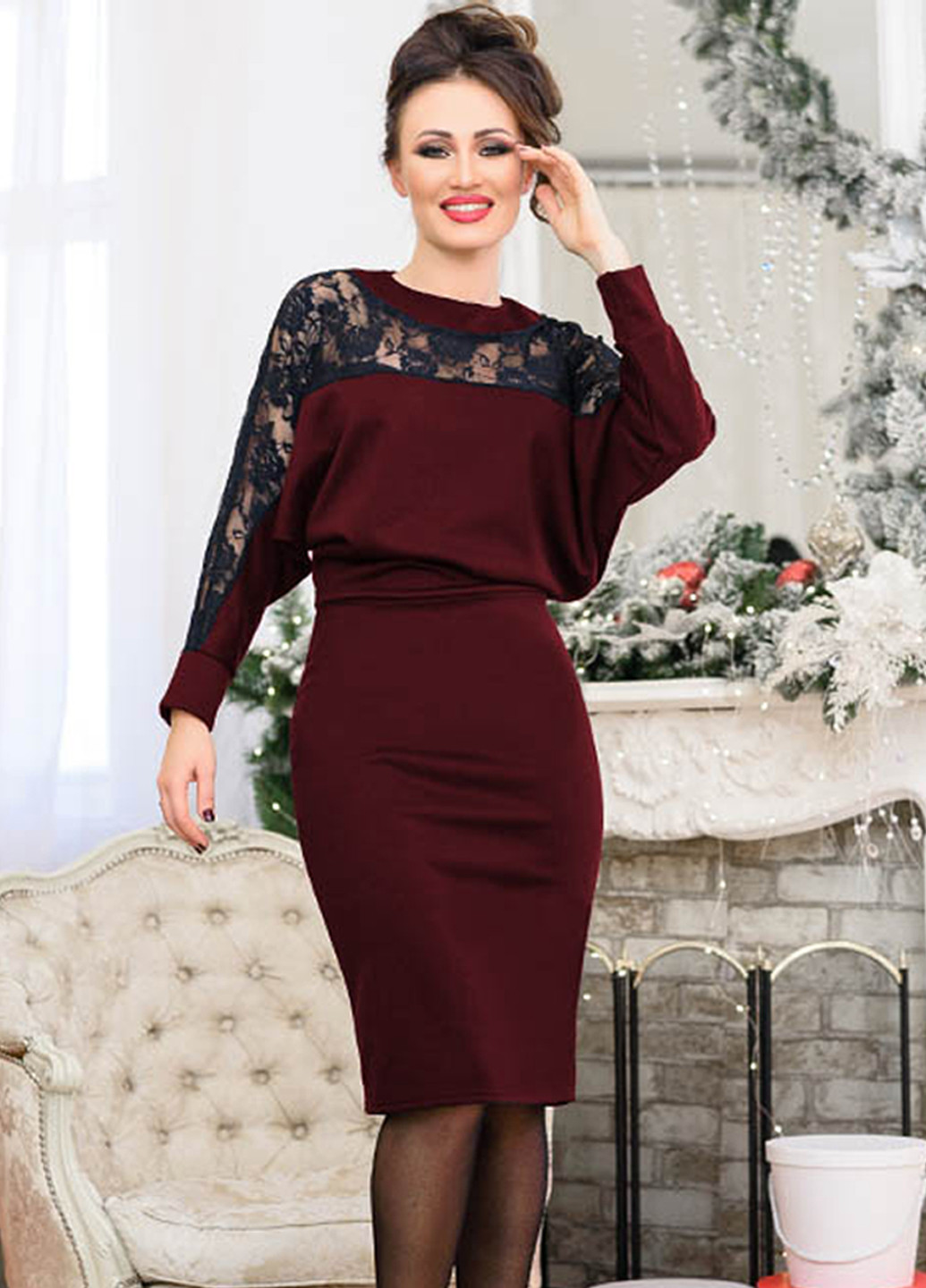 Бордовое деловое платье с кружевом на каждый день альберта футляр Look & Buy