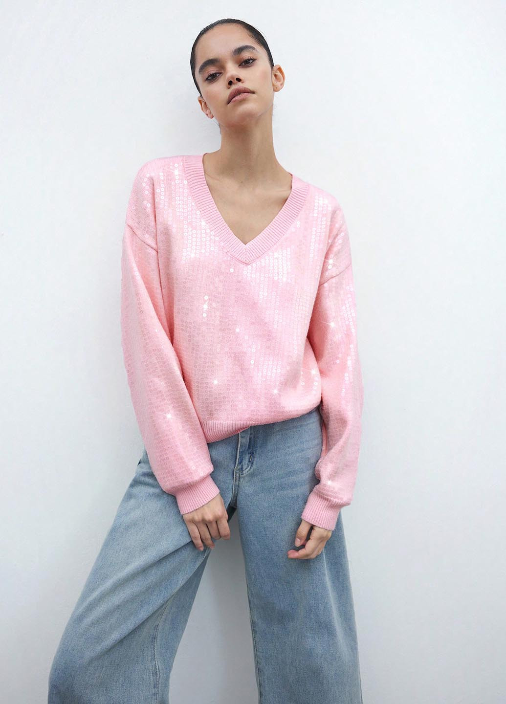Розовый зимний пуловер пуловер SHEIN