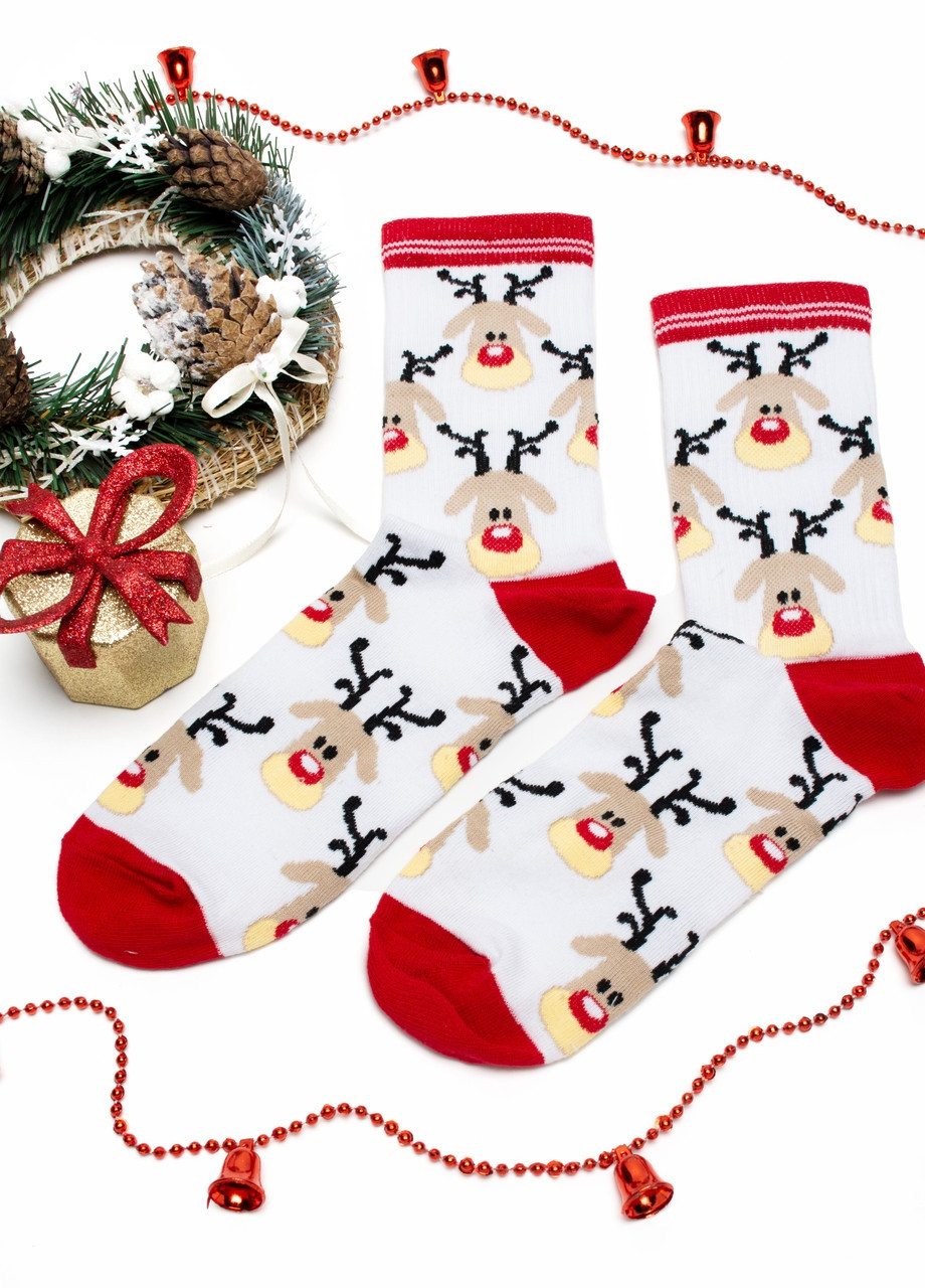 Шкарпетки новорічні з високоякісної бавовни з оригінальним принтом "Олені" Maybel (256606386)