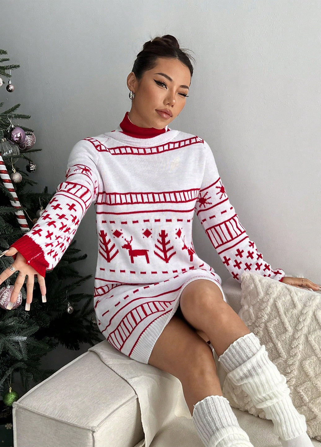 Белое праздничный, кэжуал платье платье-свитер SHEIN с новогодним принтом