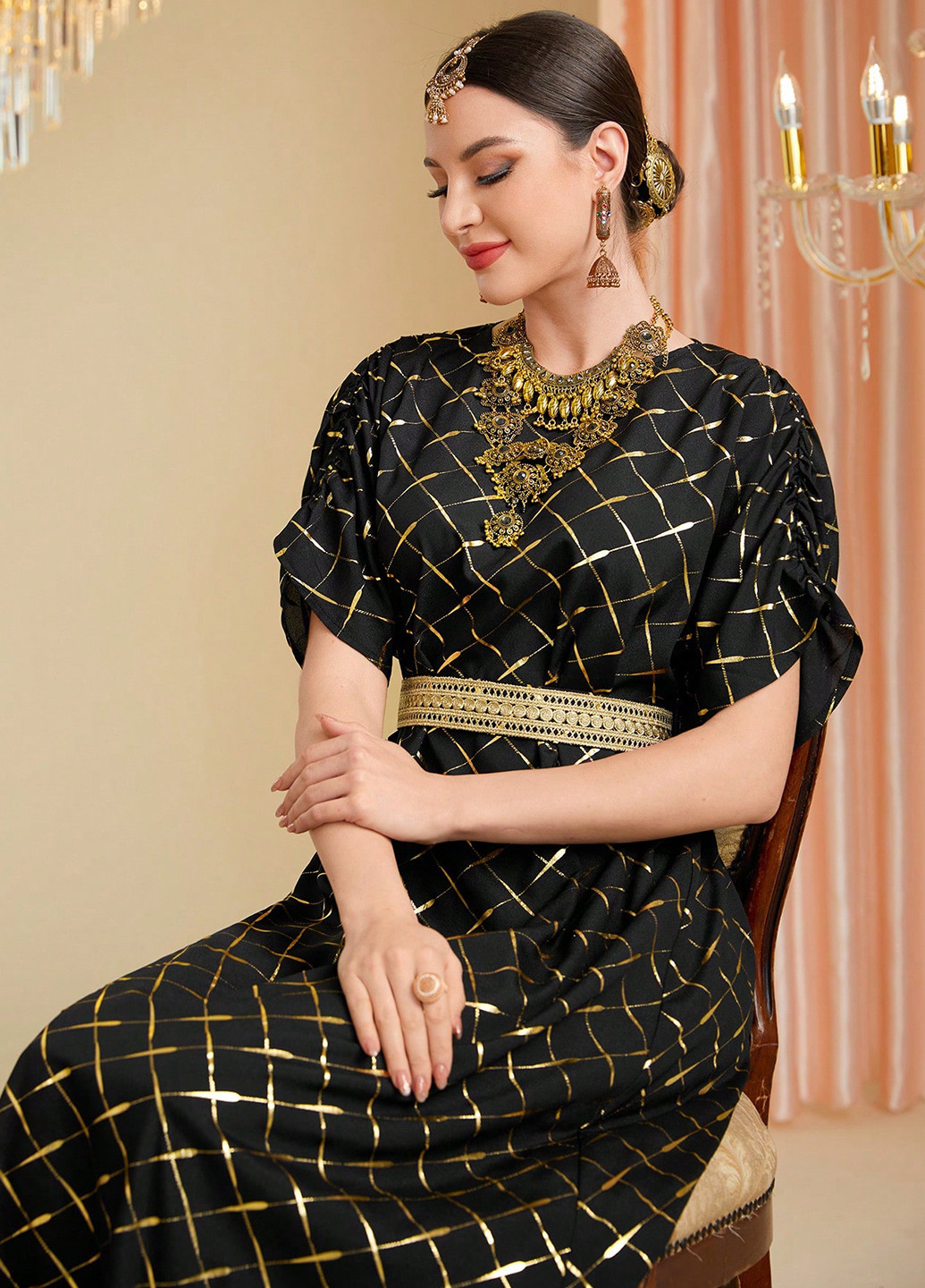 Чорна вечірня сукня кльош SHEIN в клітинку