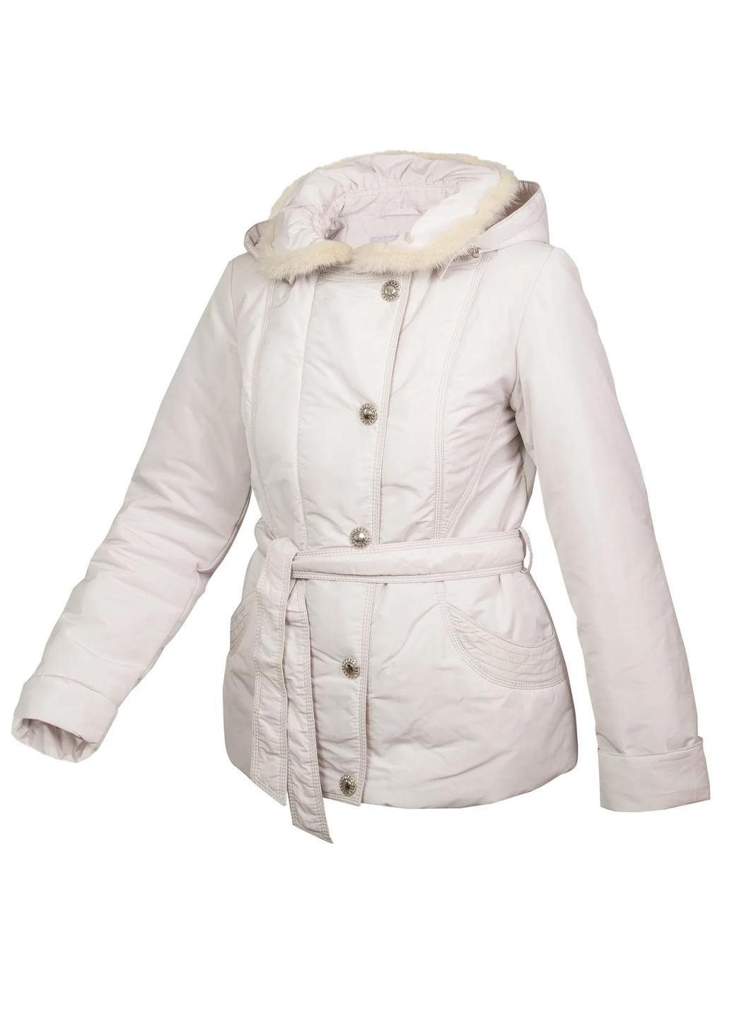 Молочна демісезонна куртка демісезонна жіноча з капюшоном та норкою City Classic
