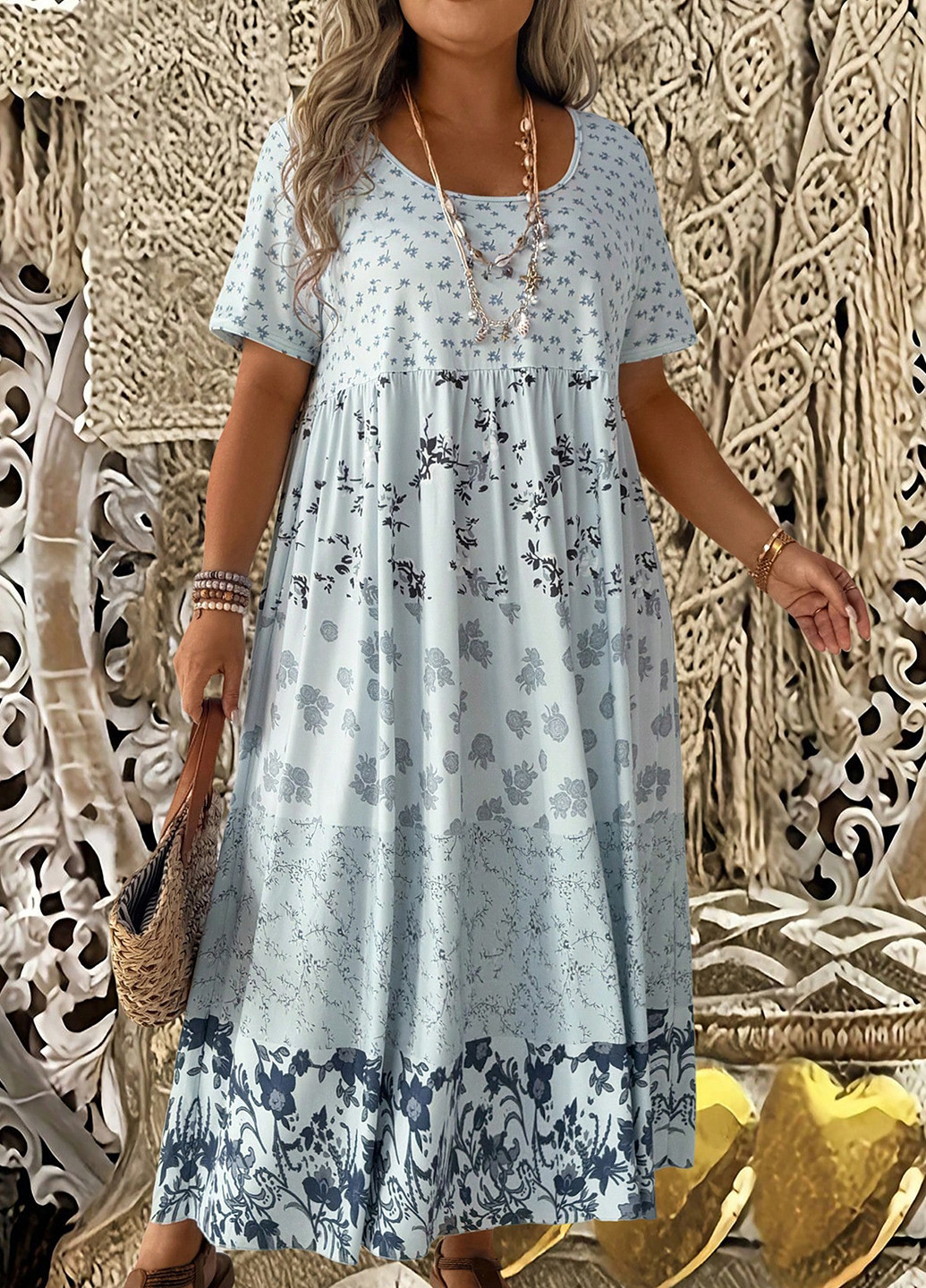 Светло-голубое кэжуал платье а-силуэт SHEIN с цветочным принтом