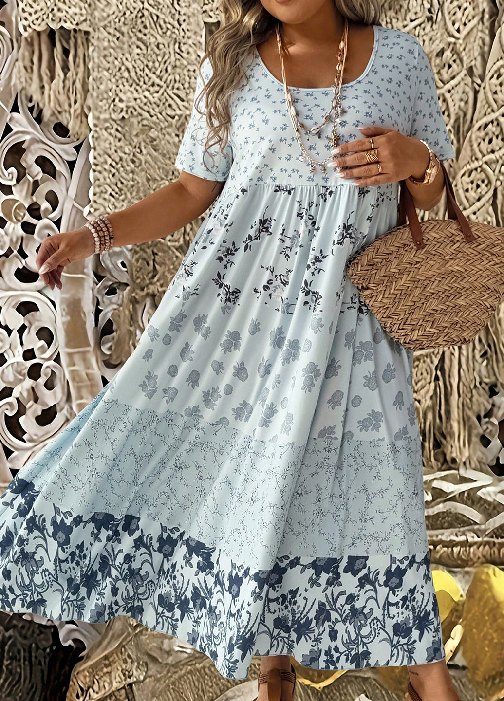 Светло-голубое кэжуал платье а-силуэт SHEIN с цветочным принтом