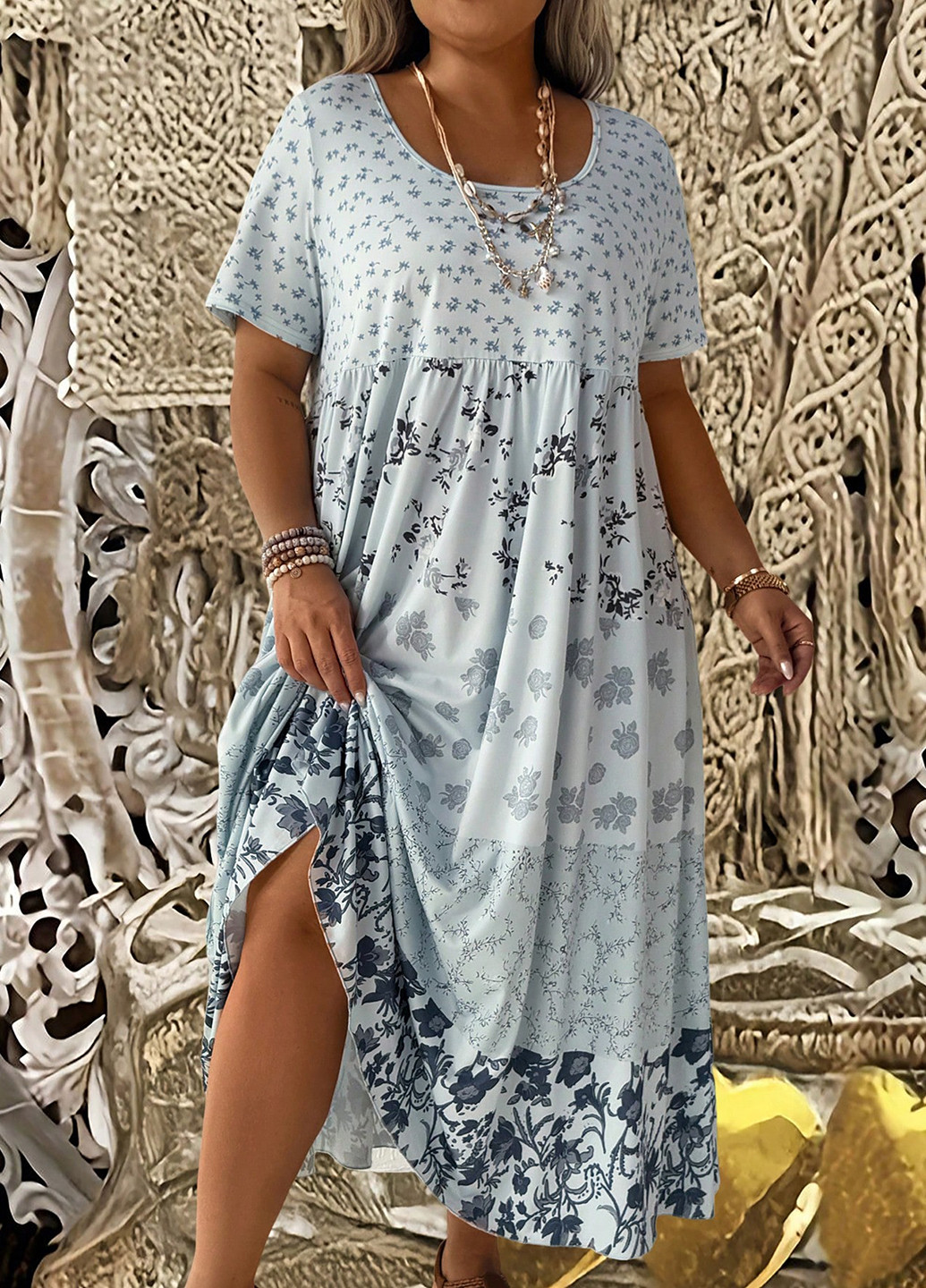 Светло-голубое кэжуал платье а-силуэт SHEIN с цветочным принтом