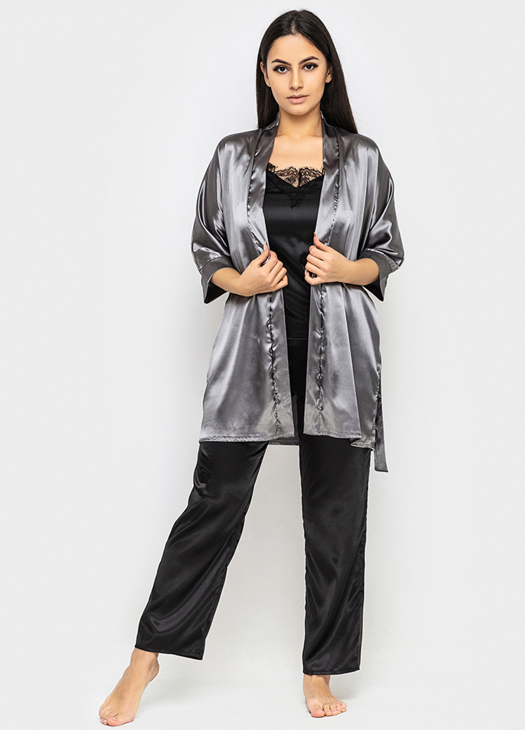 Сірий демісезонний комплект (халат, топ, брюки) Ghazel